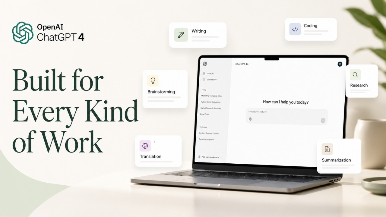 ChatGPT featured banner showing a modern AI workspace with laptop interface, floating feature cards like writing, coding, research, and summarization, and the headline “Built for Every Kind of Work” on a clean minimalist background.