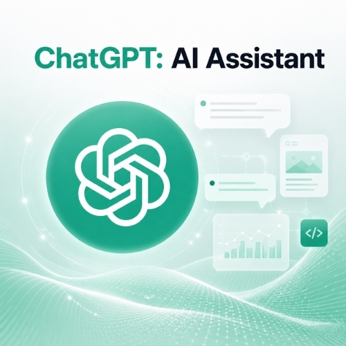 ChatGPT logo with AI chat, code, image, and data icons showing ChatGPT as a universal AI assistant.
