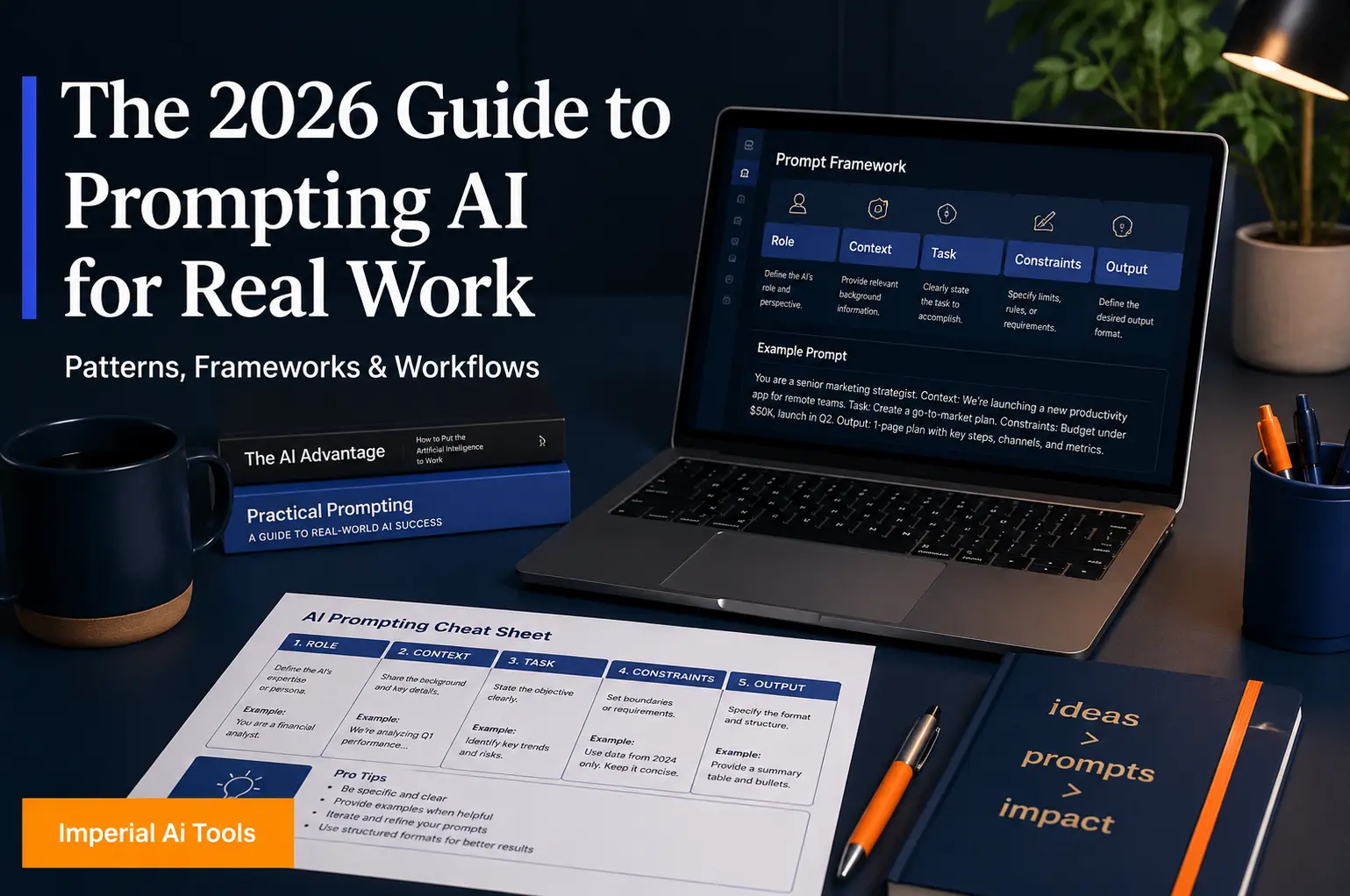 Photorealistic editorial desk setup showing a laptop with an AI prompt framework, a printed prompting cheat sheet, and the title The 2026 Guide to Prompting AI for Real Work.