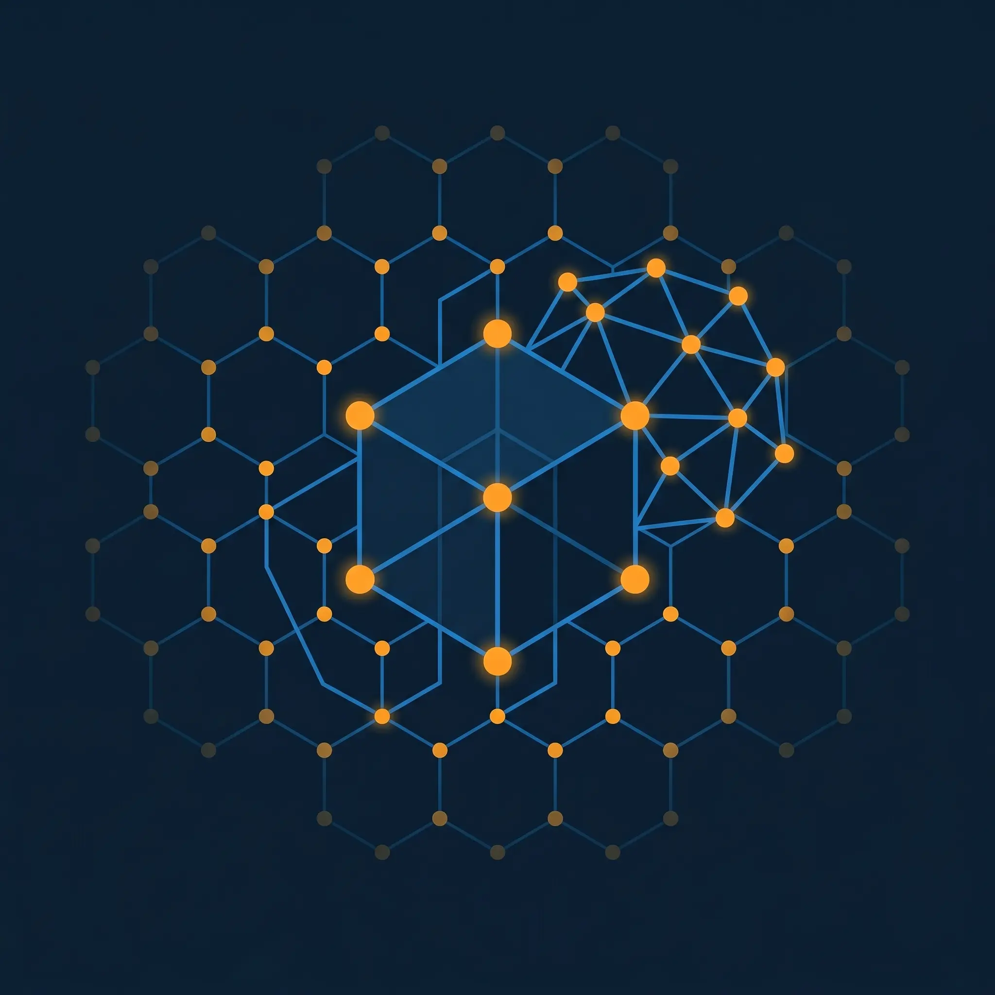 Geometric 3D wireframe cube with electric blue edges and orange vertex nodes on dark navy background.