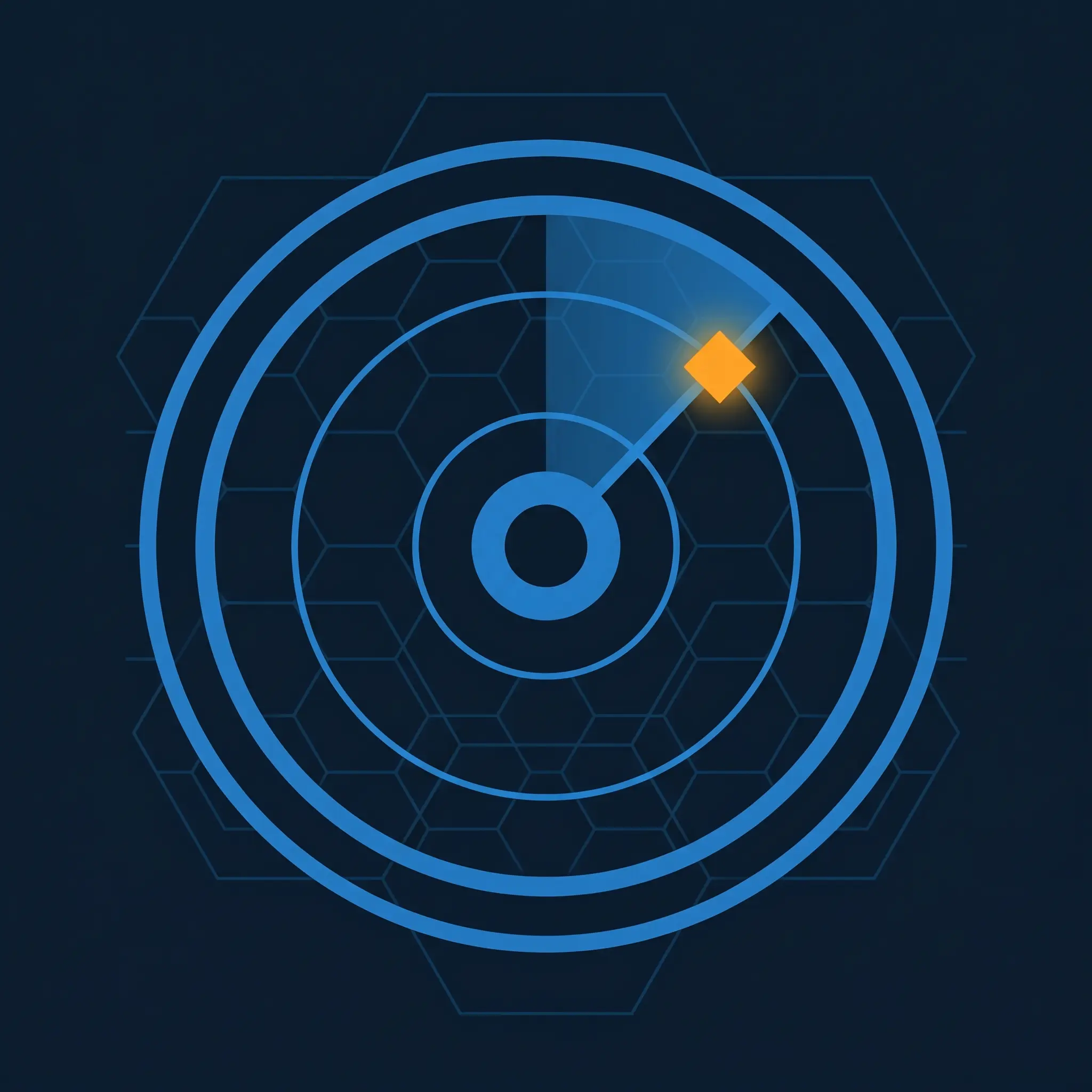Radar circle with a sweeping electric blue arc and glowing orange anomaly detection node.