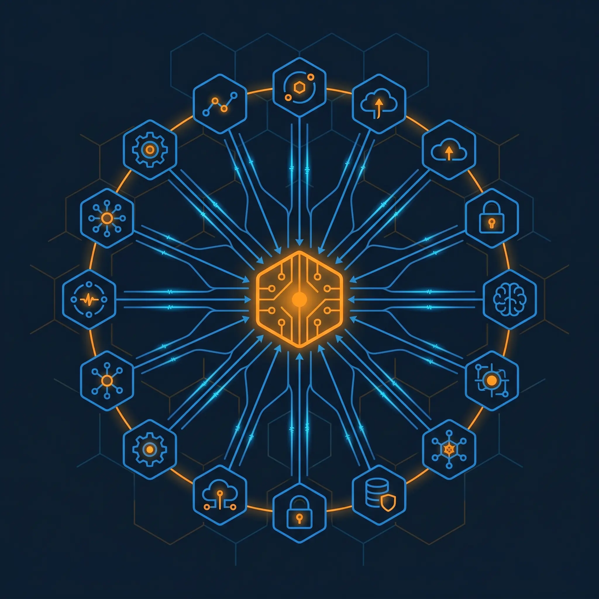 Multiple blue node icons converging into a single glowing orange central hub on dark background.