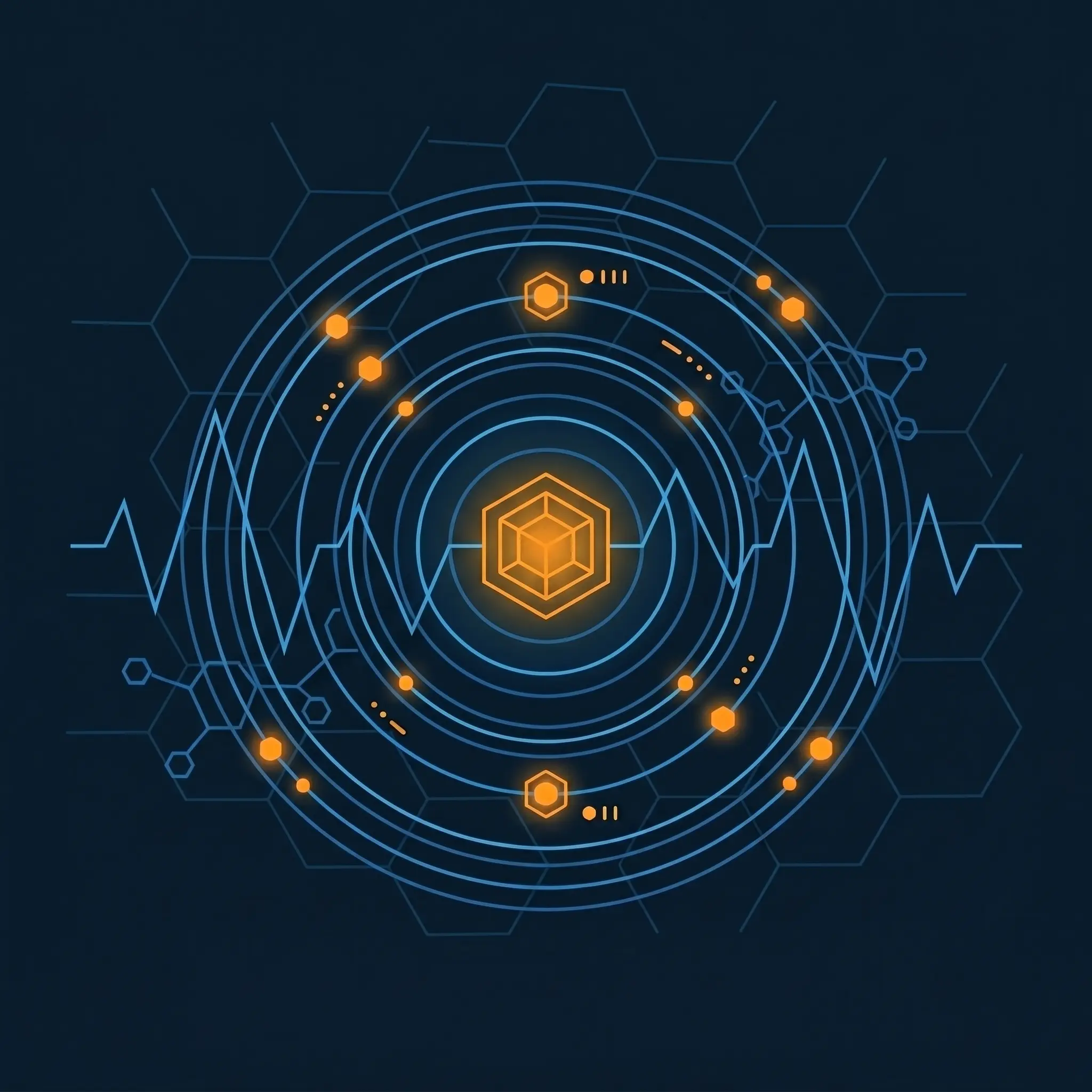Circular sensor rings with electric blue arcs and orange data pulse nodes for AI air detection.