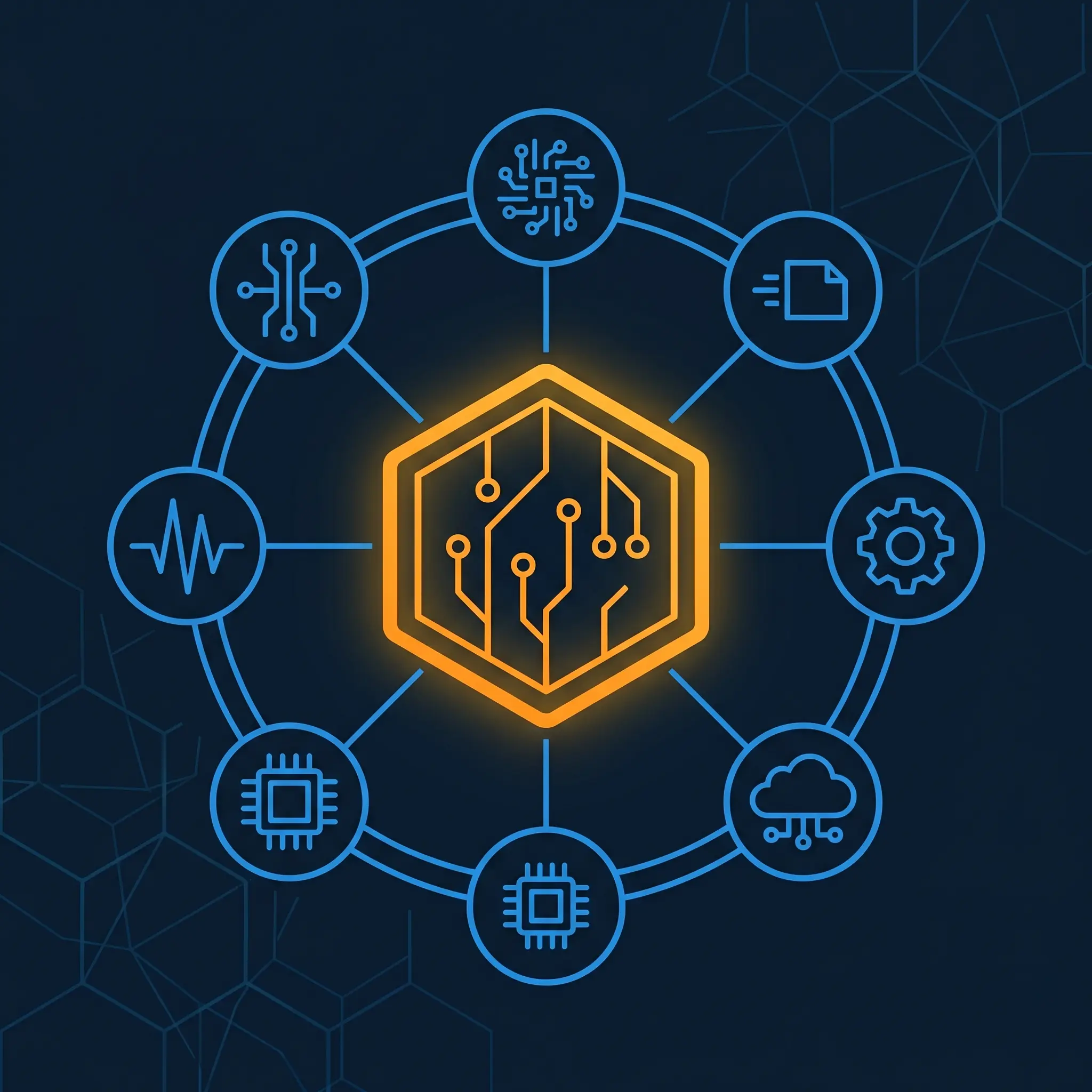 Central hexagonal hub with six connected blue nodes representing an all-in-one AI platform.