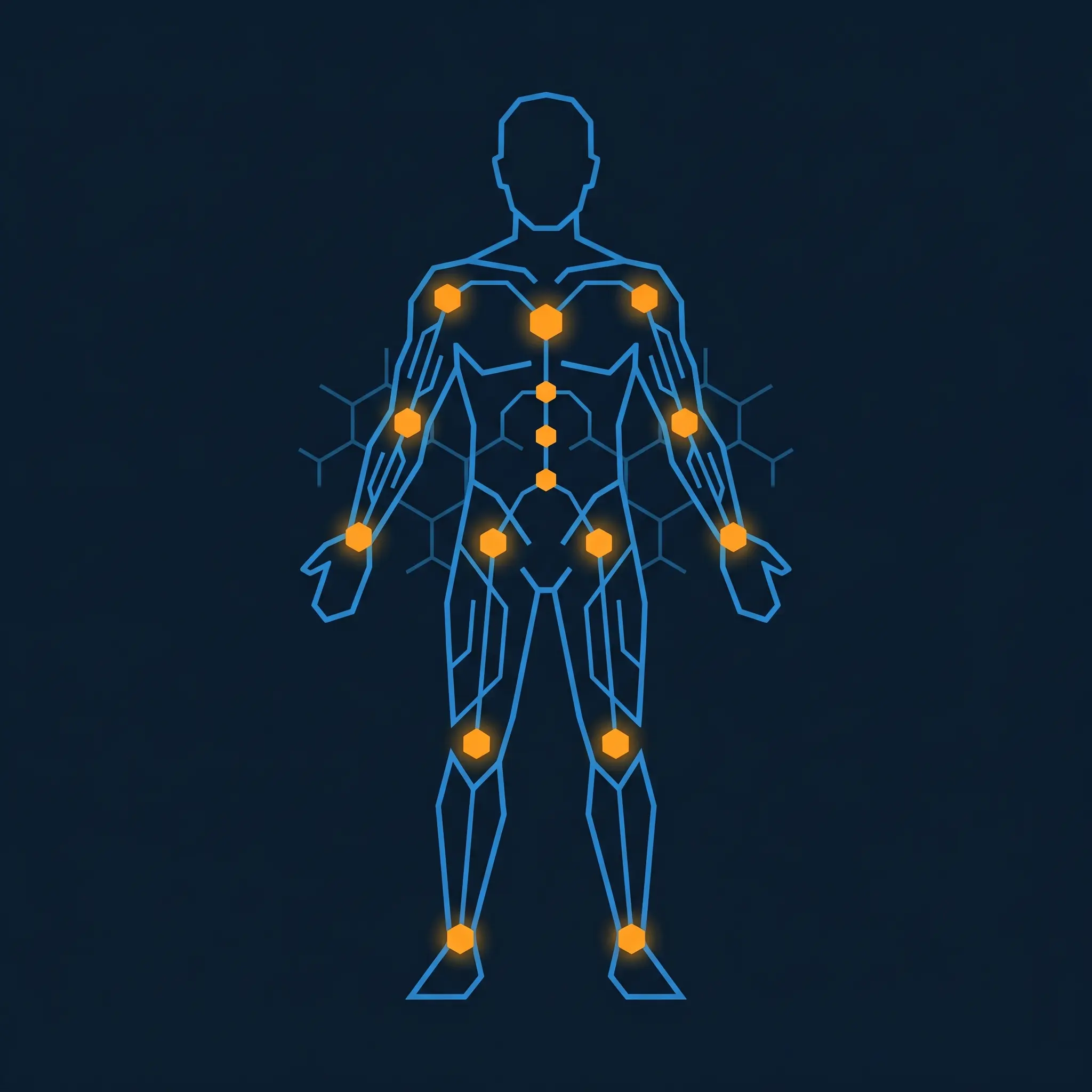 Geometric human silhouette with electric blue circuit pathways and orange accessibility nodes