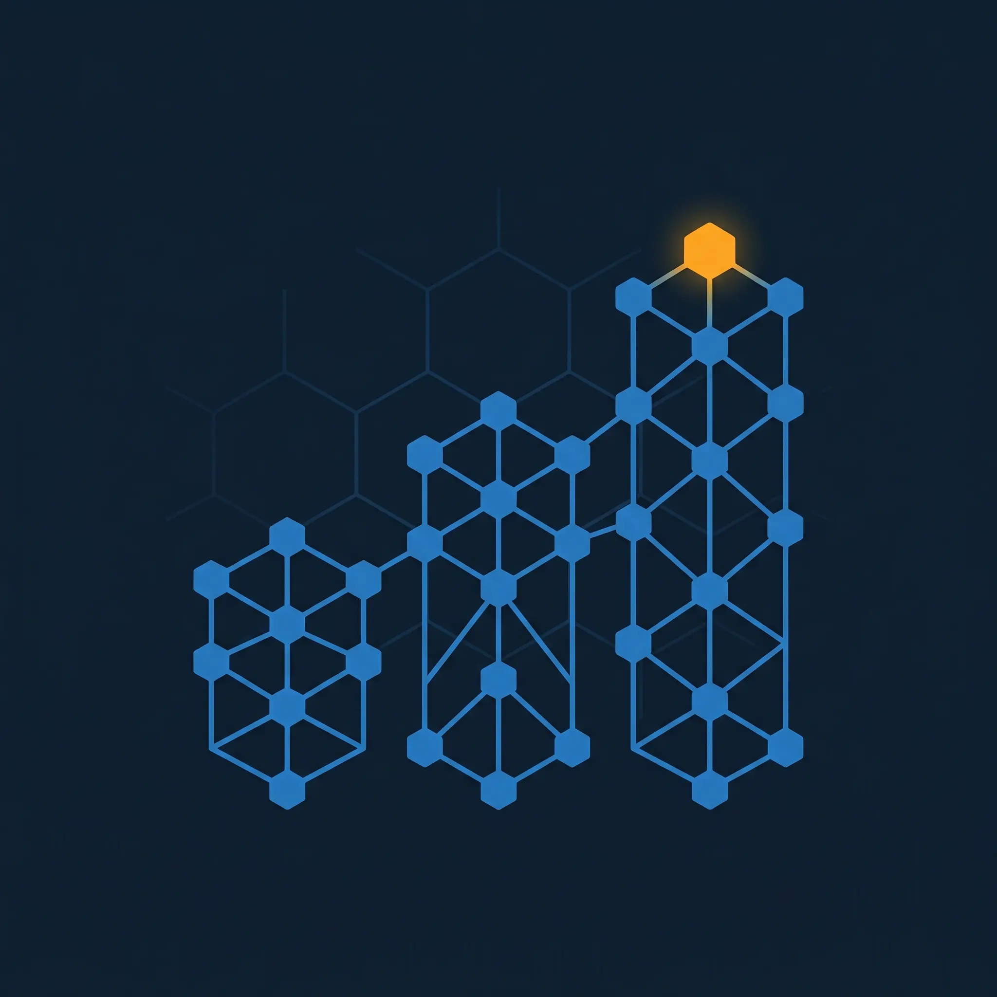 Three rising geometric bar blocks with hexagonal nodes representing enterprise AI tools.