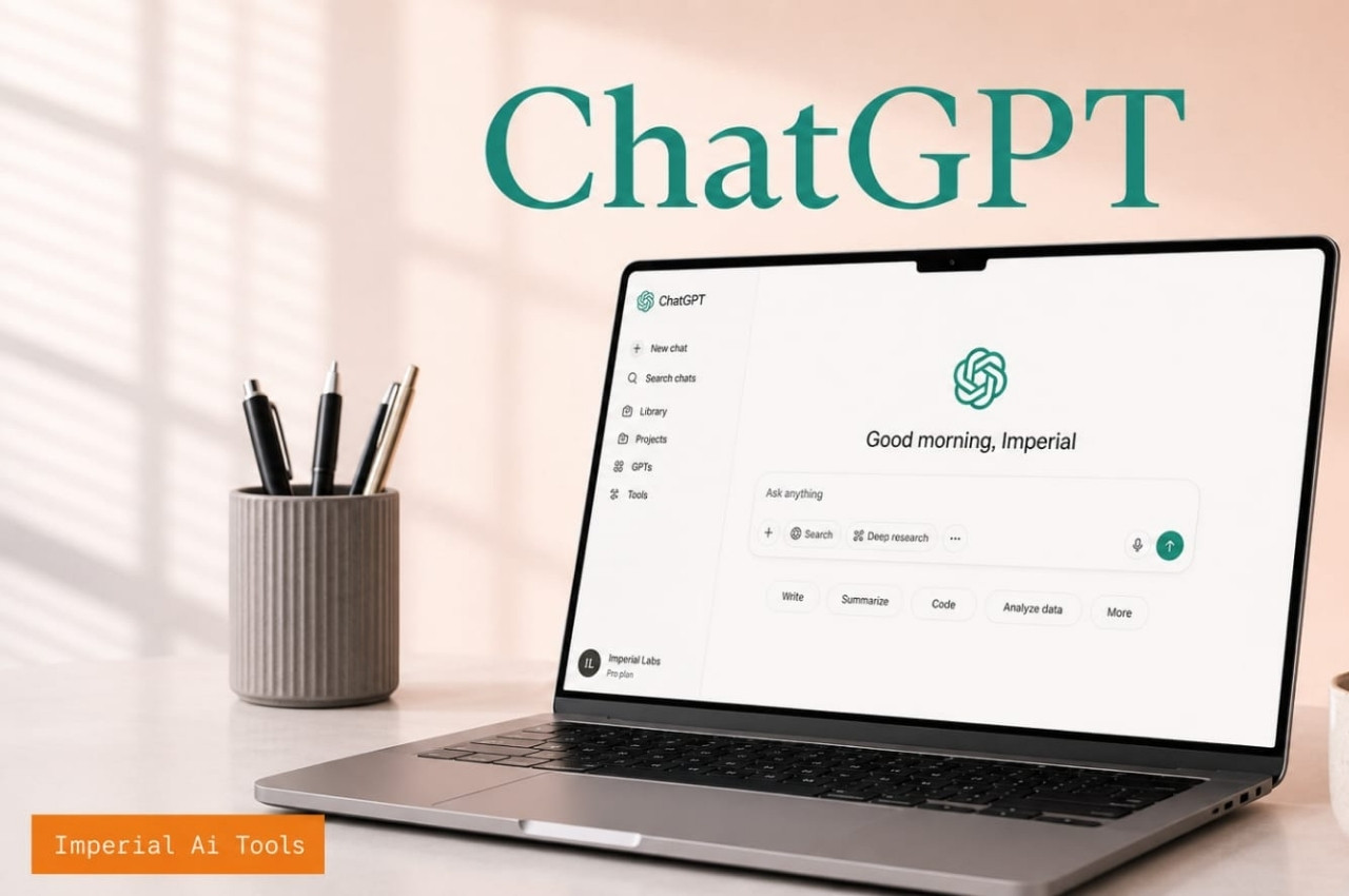 A MacBook laptop displaying the ChatGPT interface with the OpenAI logo and a "Good morning, Imperial" greeting on screen, placed on a clean desk alongside a coffee cup and a pen holder, with the Imperial AI Tools branding visible in the bottom left corner.