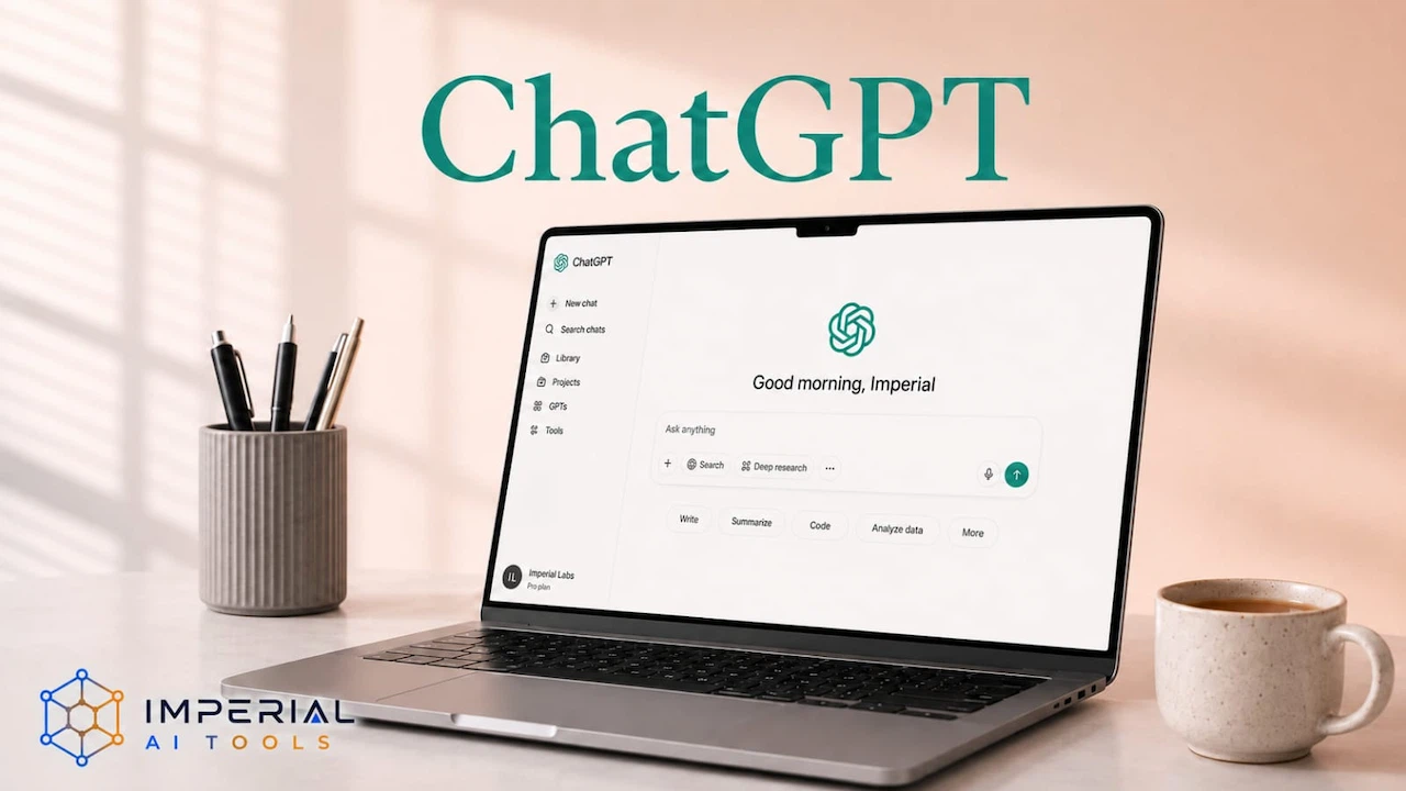 ChatGPT interface displayed on a laptop with Imperial AI Tools branding, showing AI assistant features on a modern workspace desk.