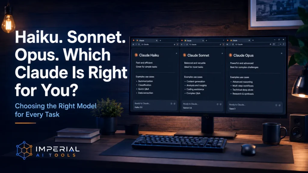 Warm desk setup with a wide monitor showing Claude AI model options Haiku, Sonnet and Opus, with text asking which Claude model is right for you.