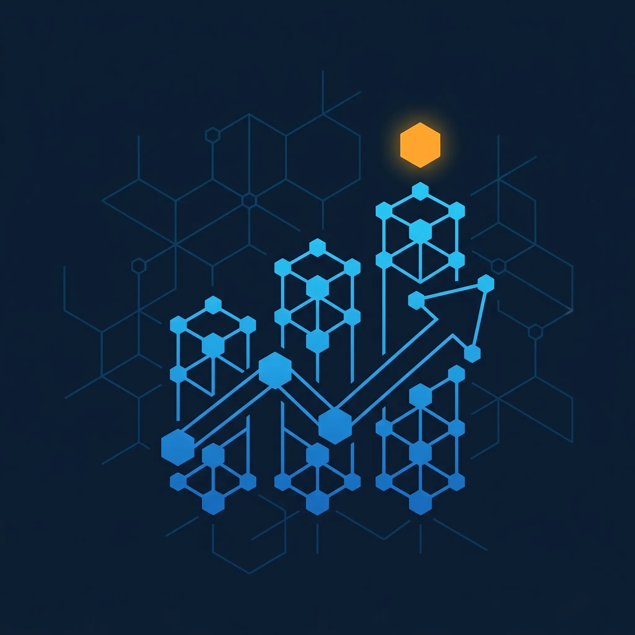 Rising bar chart columns made from stacked blue nodes with an orange peak marker node