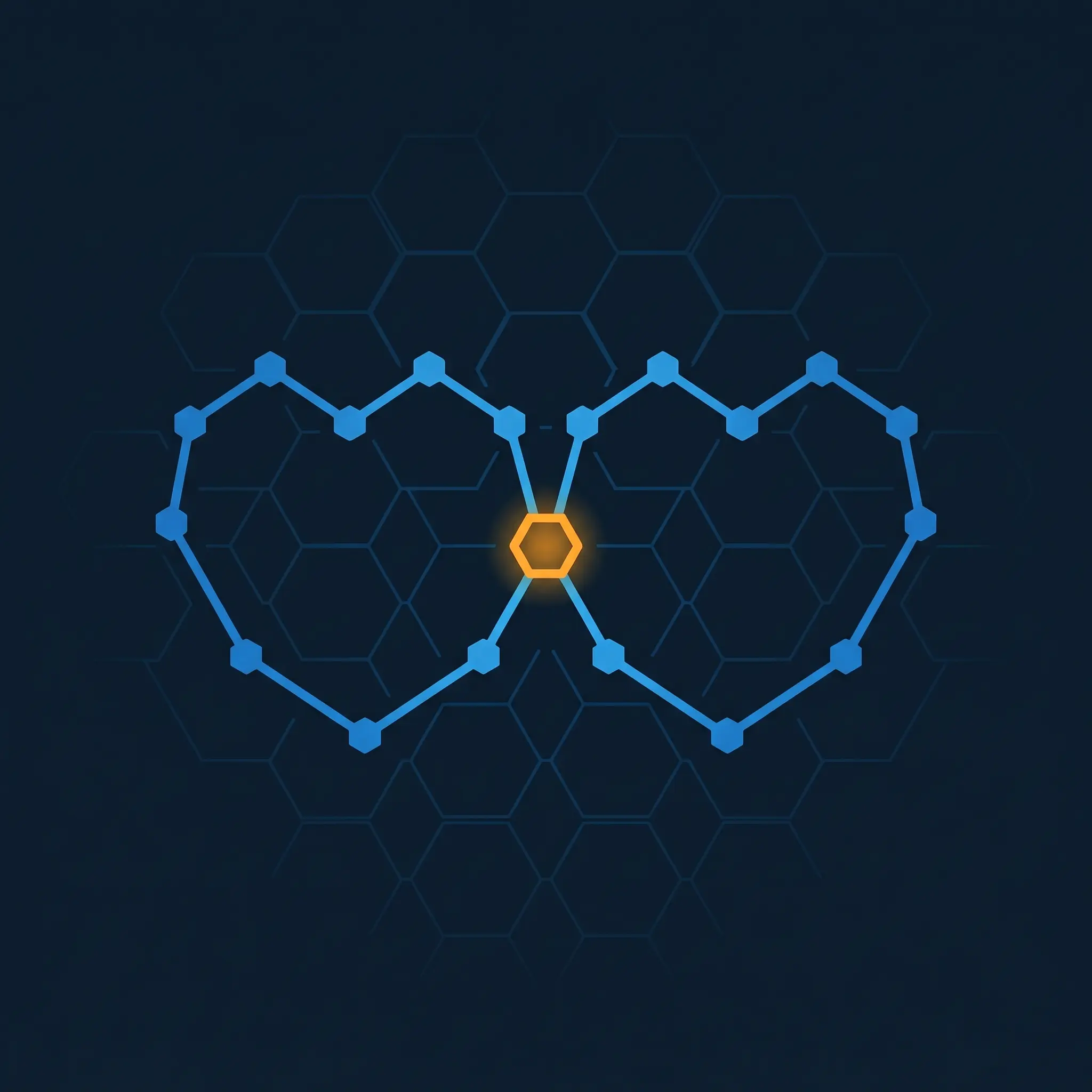 Two mirrored heart outlines in electric blue nodes connected by a shared orange center node