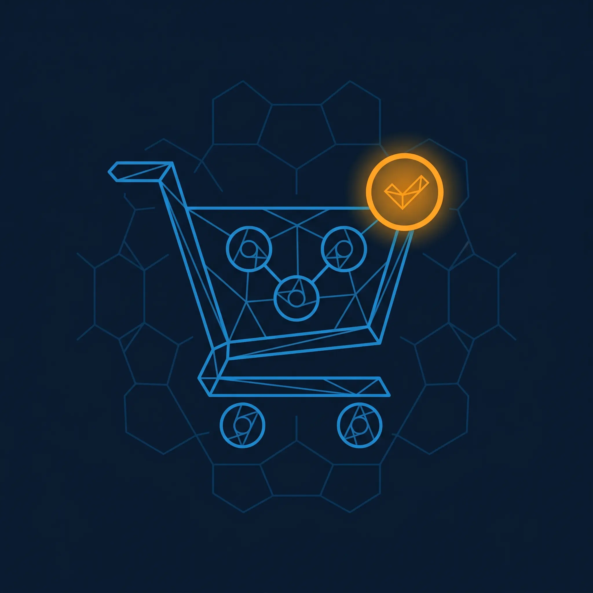 Wireframe shopping cart with electric blue edges and orange conversion node on dark background.