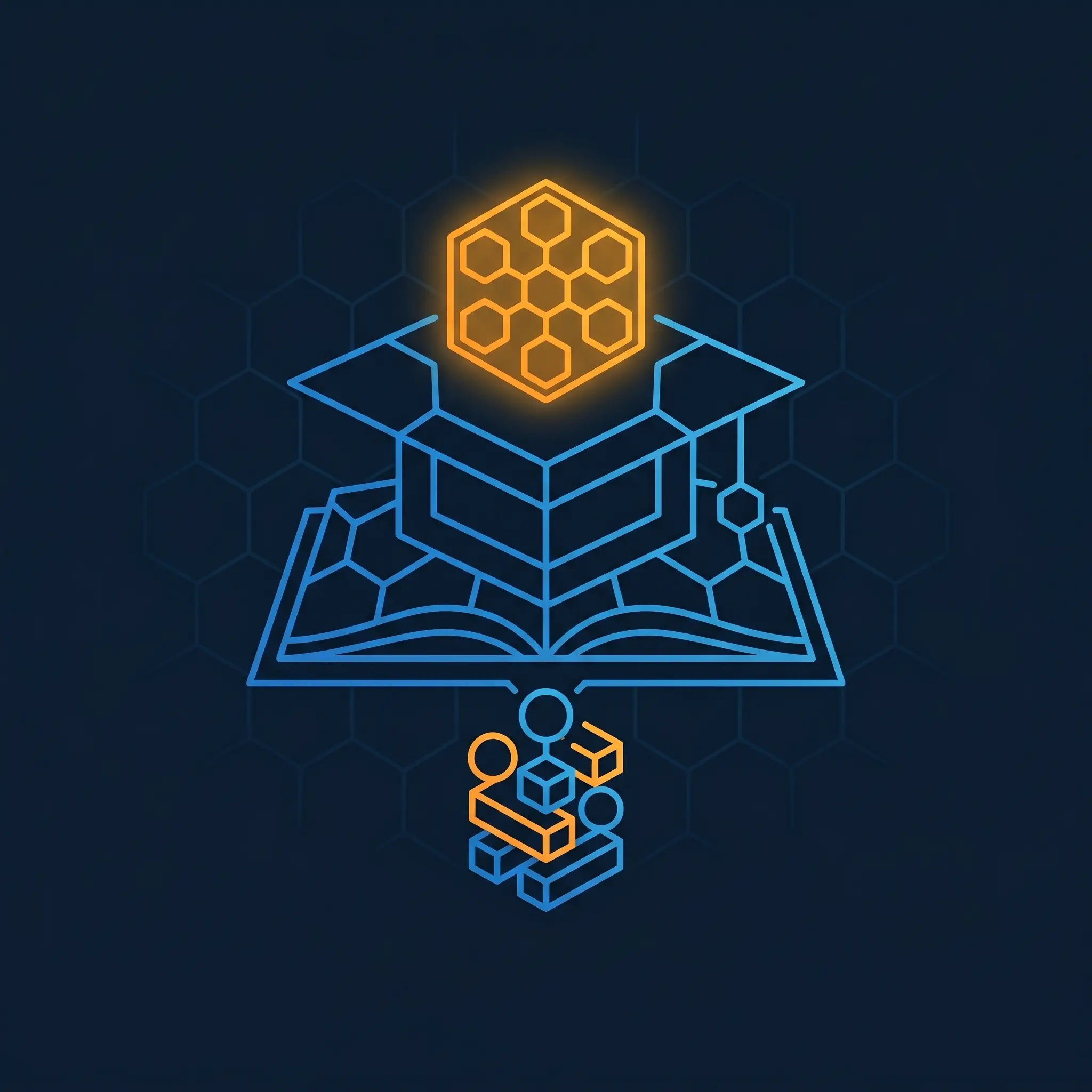 Geometric graduation cap and open book icon in blue linework with orange achievement node.
