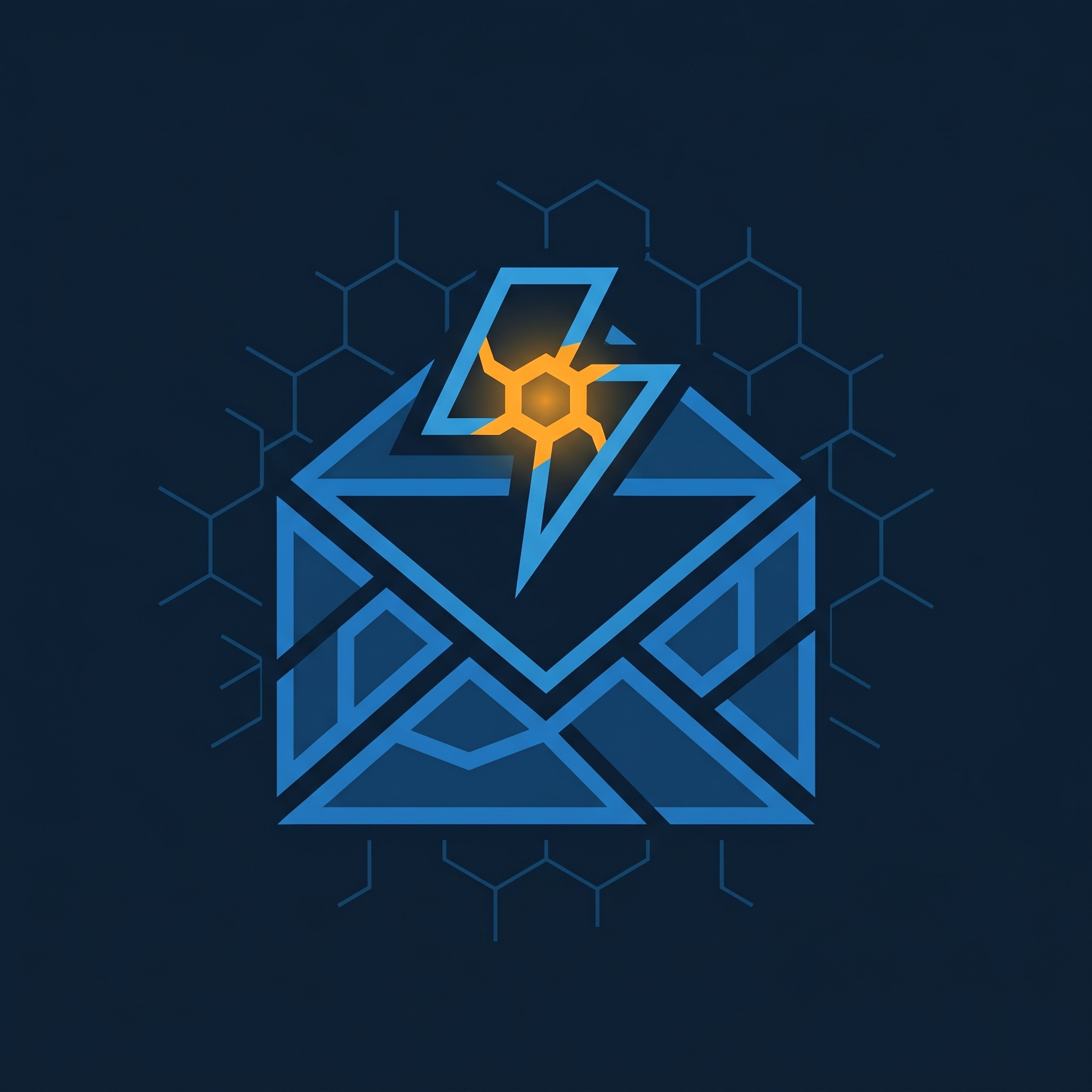 Flat envelope icon with a lightning bolt node in electric blue and orange AI accent.