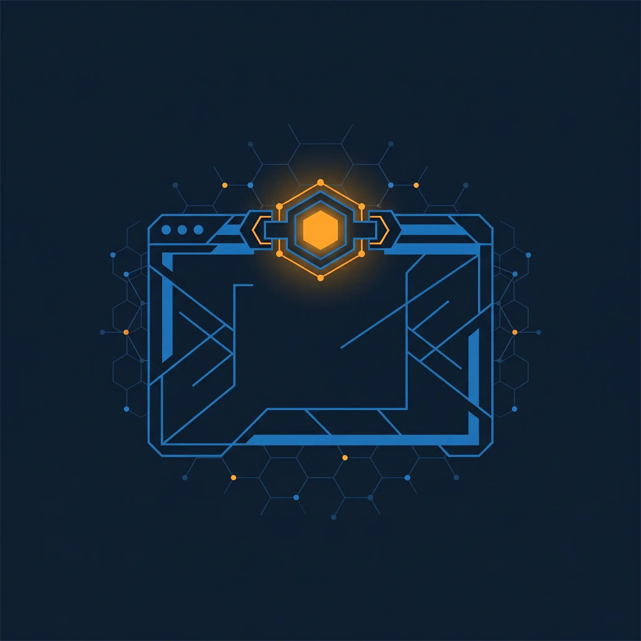 Browser window outline with a hexagonal plugin piece snapping in, orange connector node glowing.