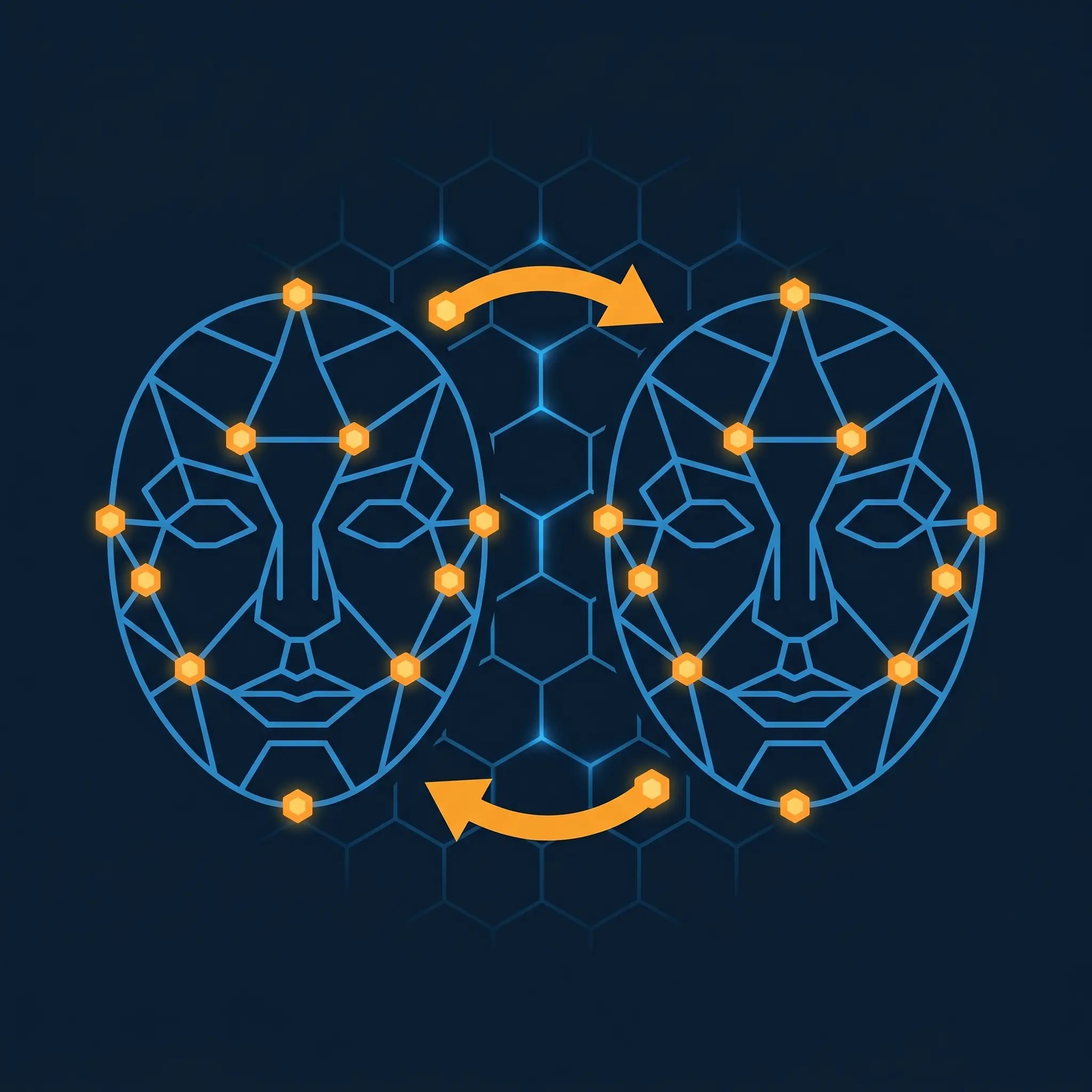 Two abstract face outlines connected by an orange swap arrow for AI face swap tools.