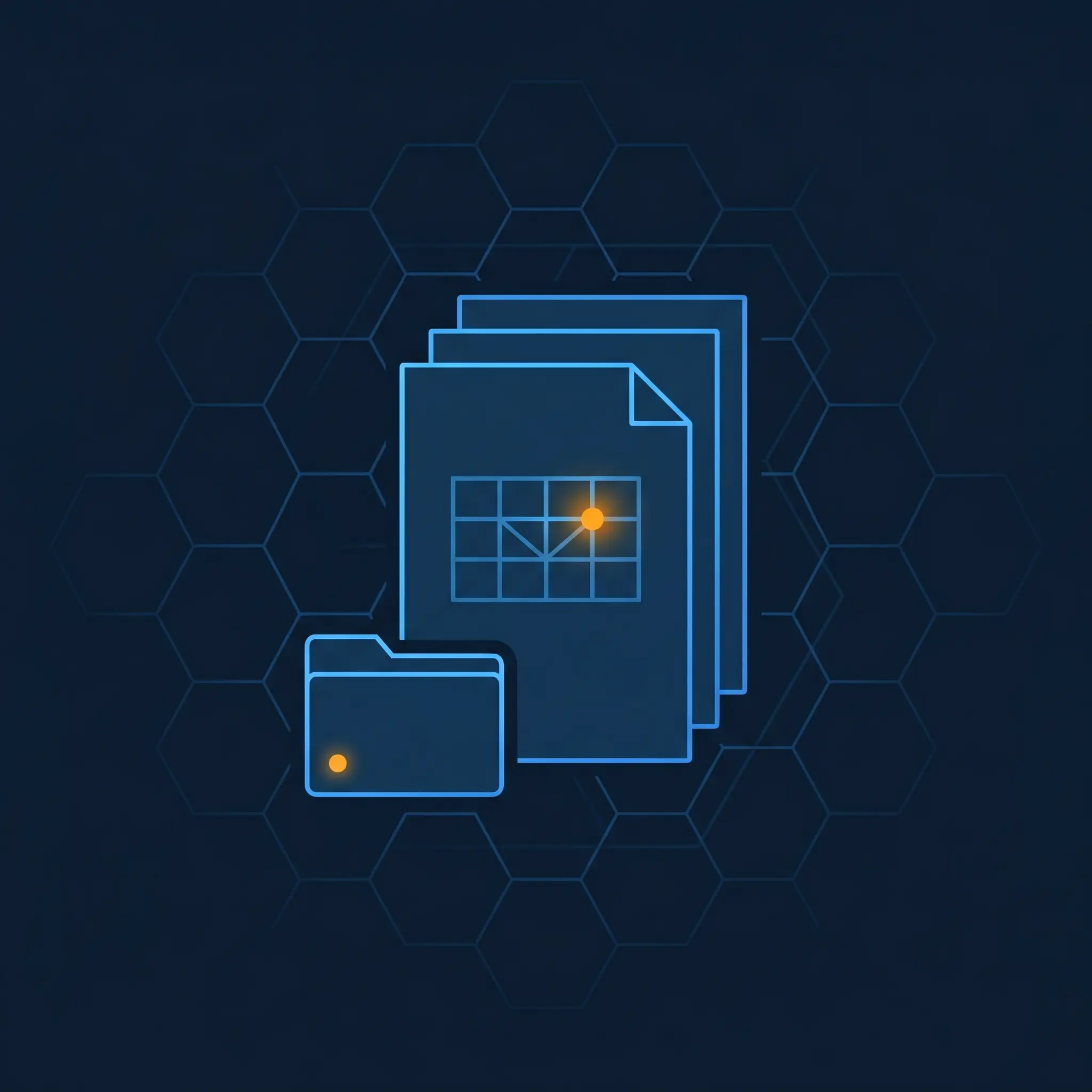 Stacked geometric document icons with a grid cell and orange data node in electric blue.