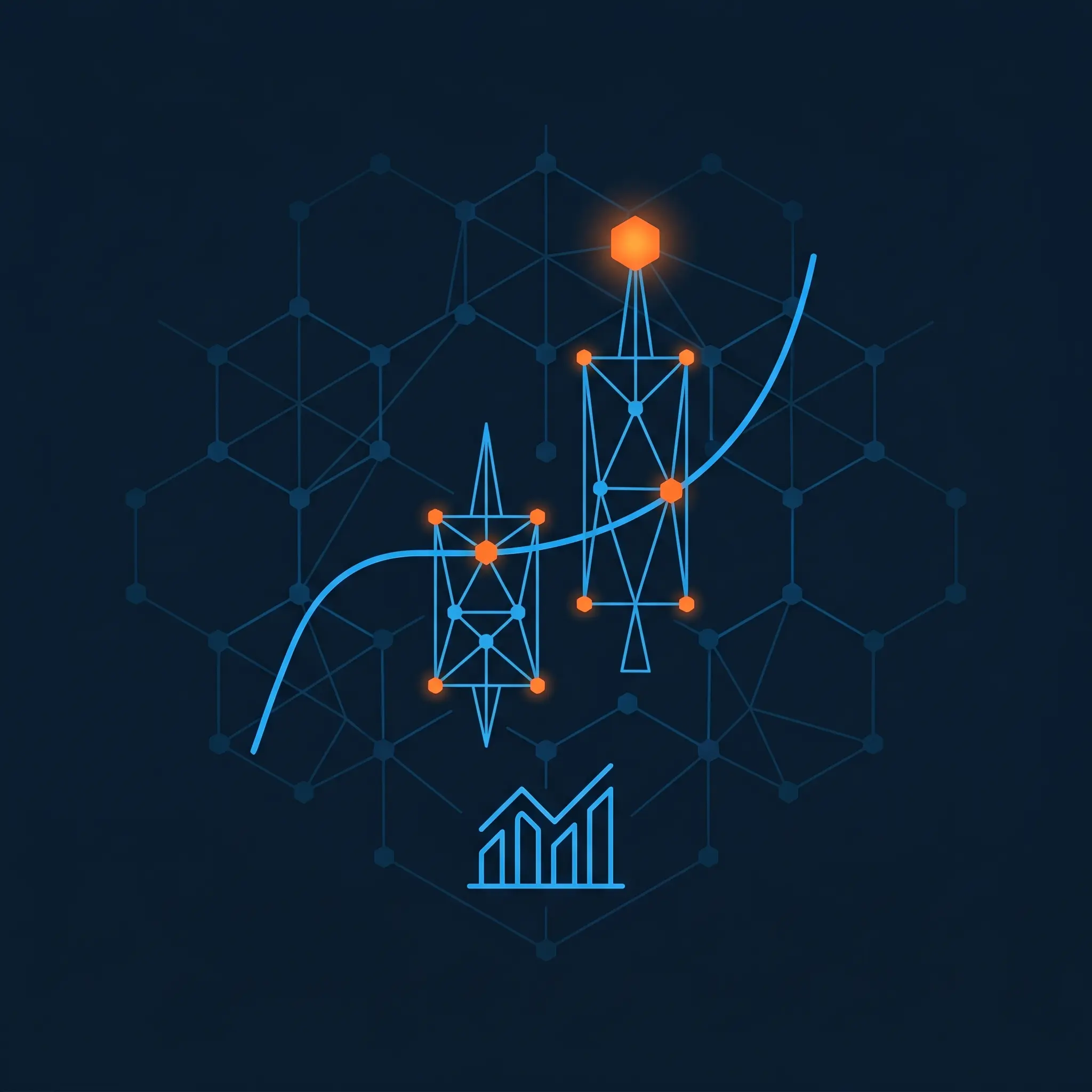 Candlestick chart with blue geometric candles and an orange signal node at the peak