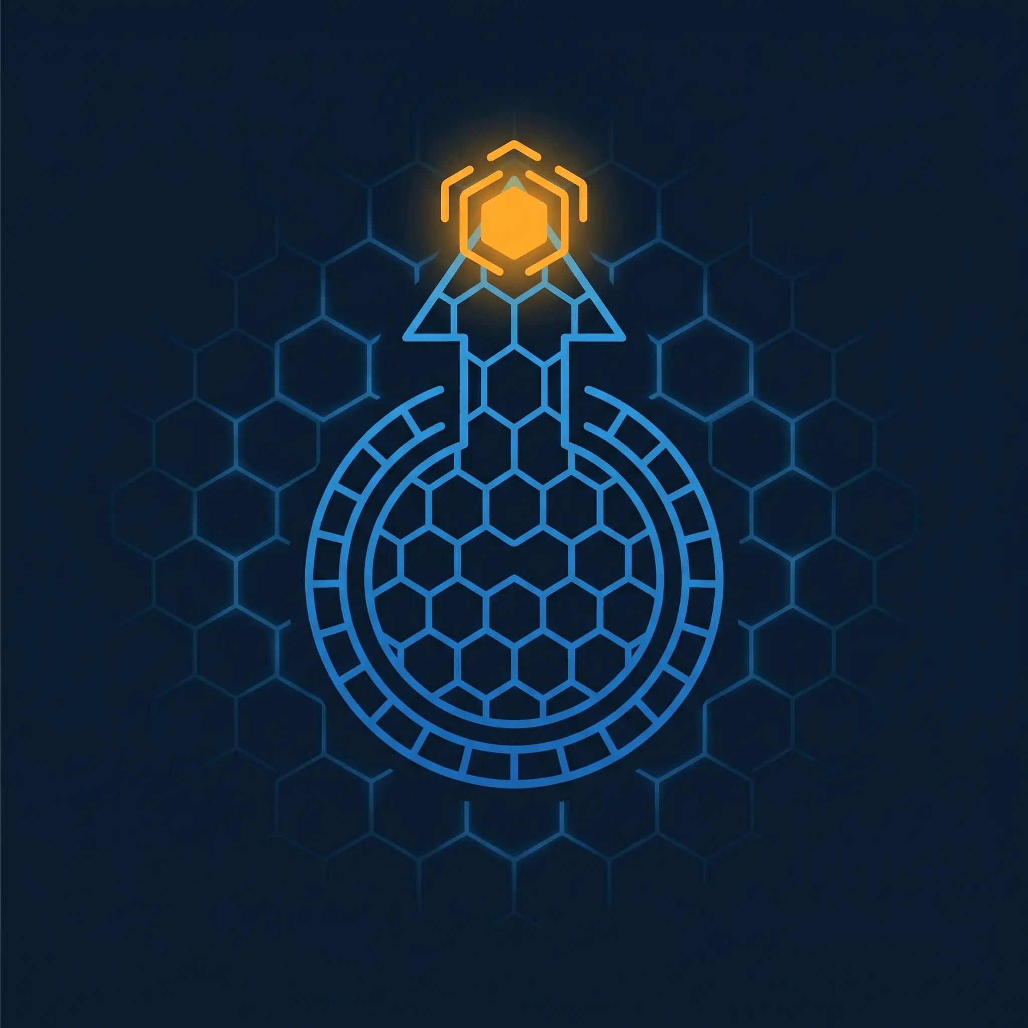Geometric coin circle and upward arrow in electric blue with orange growth node at tip