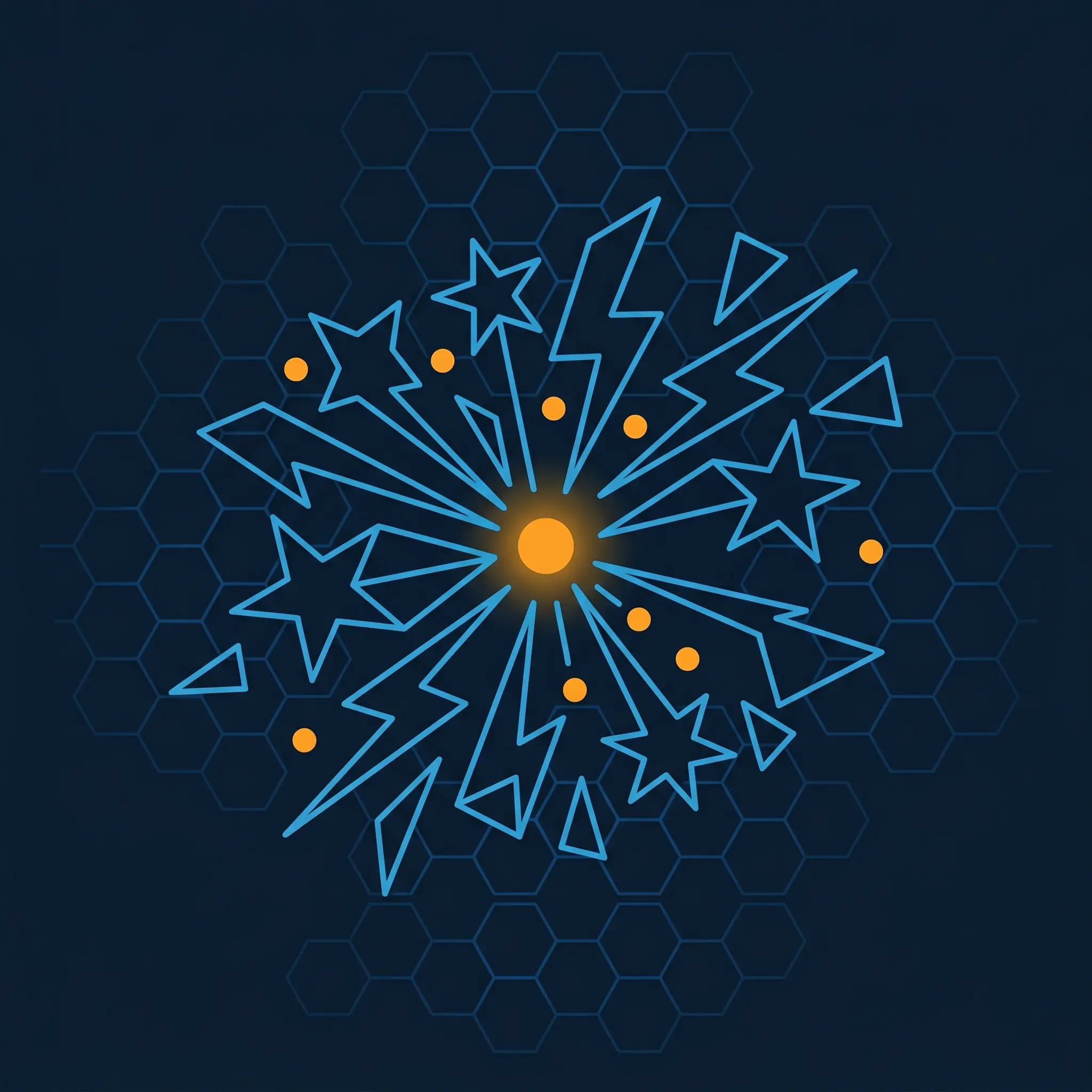 Playful starburst of geometric blue polygon shapes with a glowing orange center node.