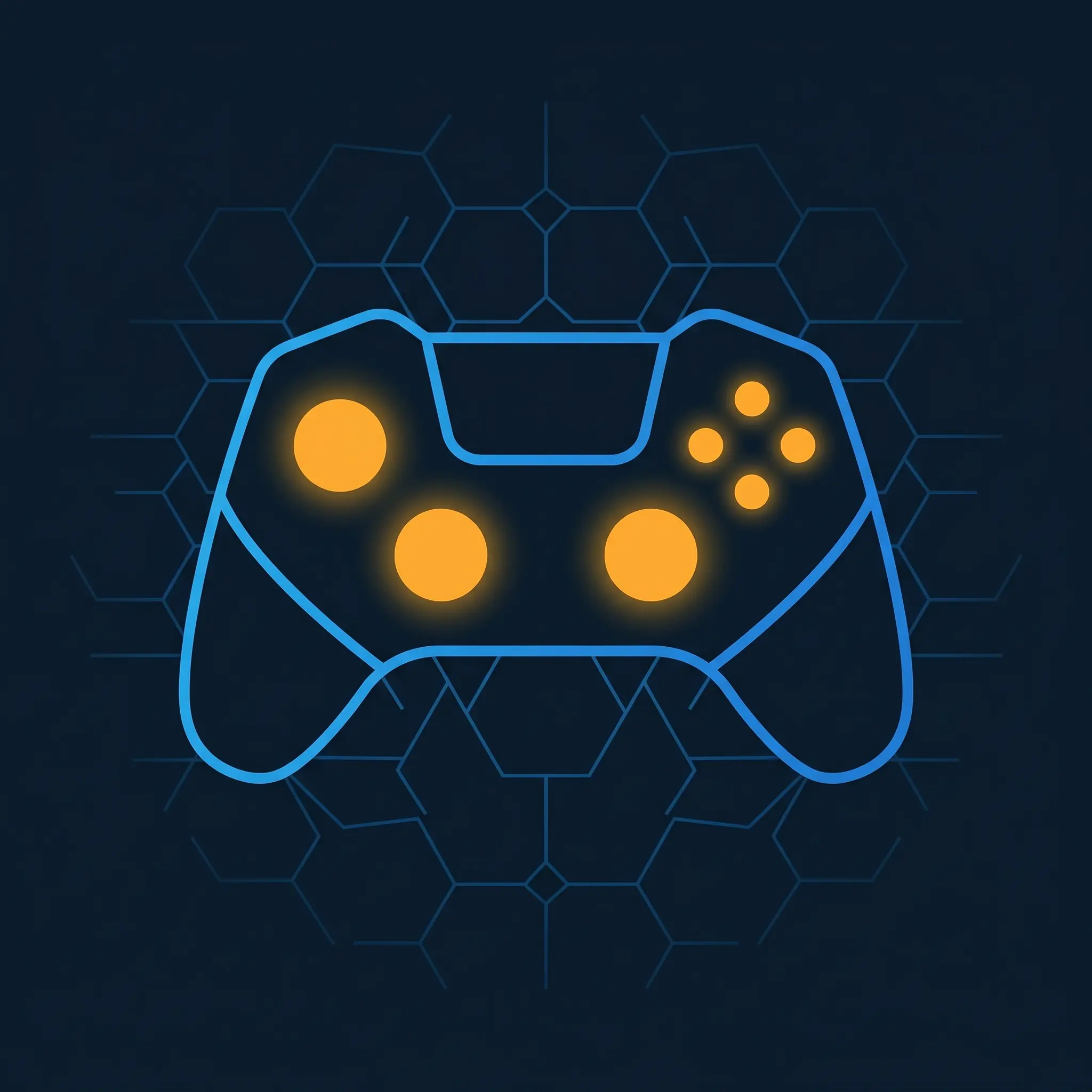 Minimal geometric gamepad outline with blue thumbstick nodes and orange primary action node