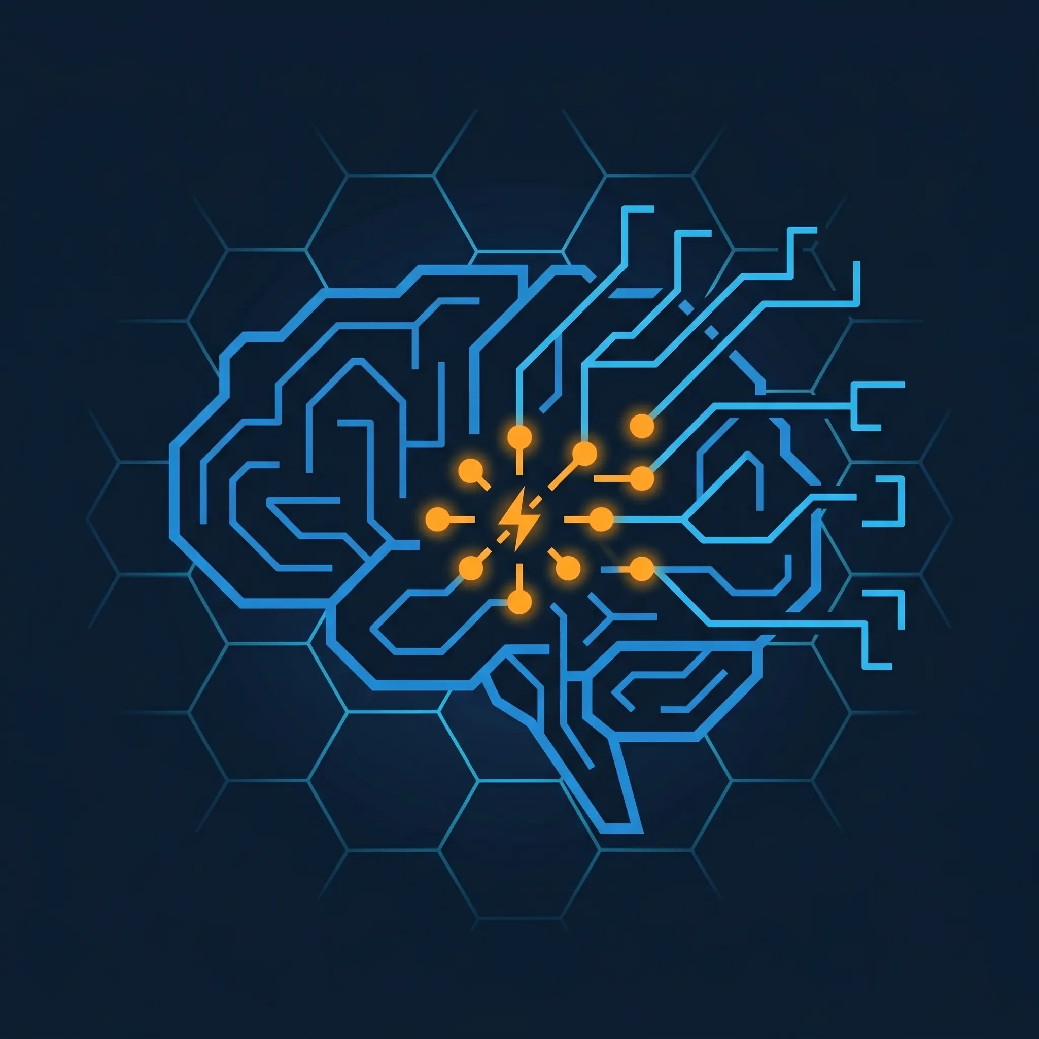 Brain outline with electric blue circuit lines branching into code brackets and orange spark node