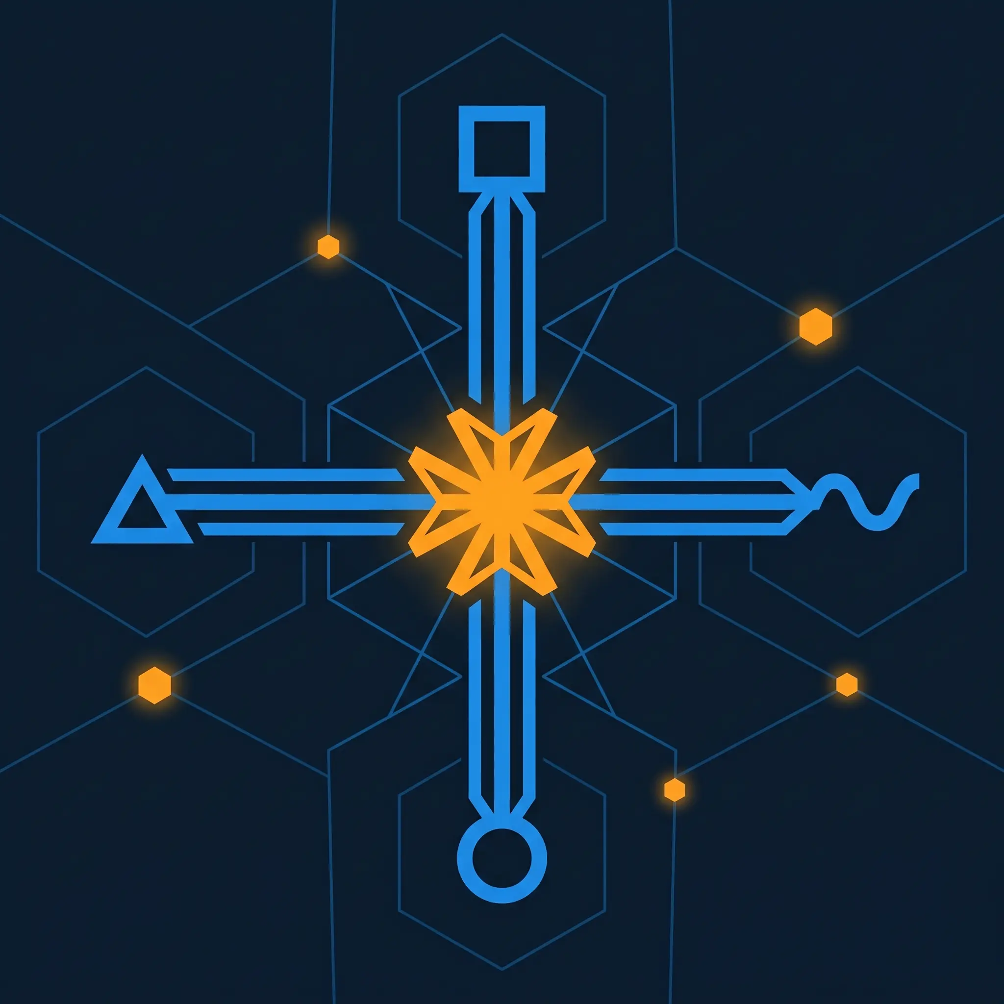 Central orange starburst node with four blue geometric output beams radiating outward.