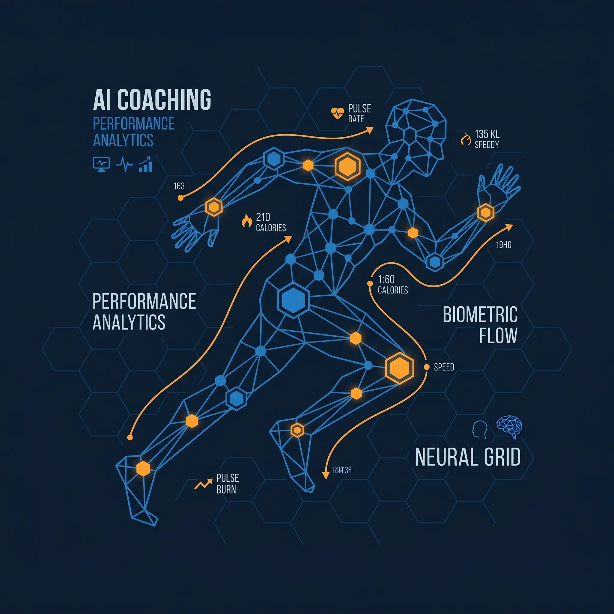 Geometric running figure silhouette in electric blue nodes with orange biometric pulse node