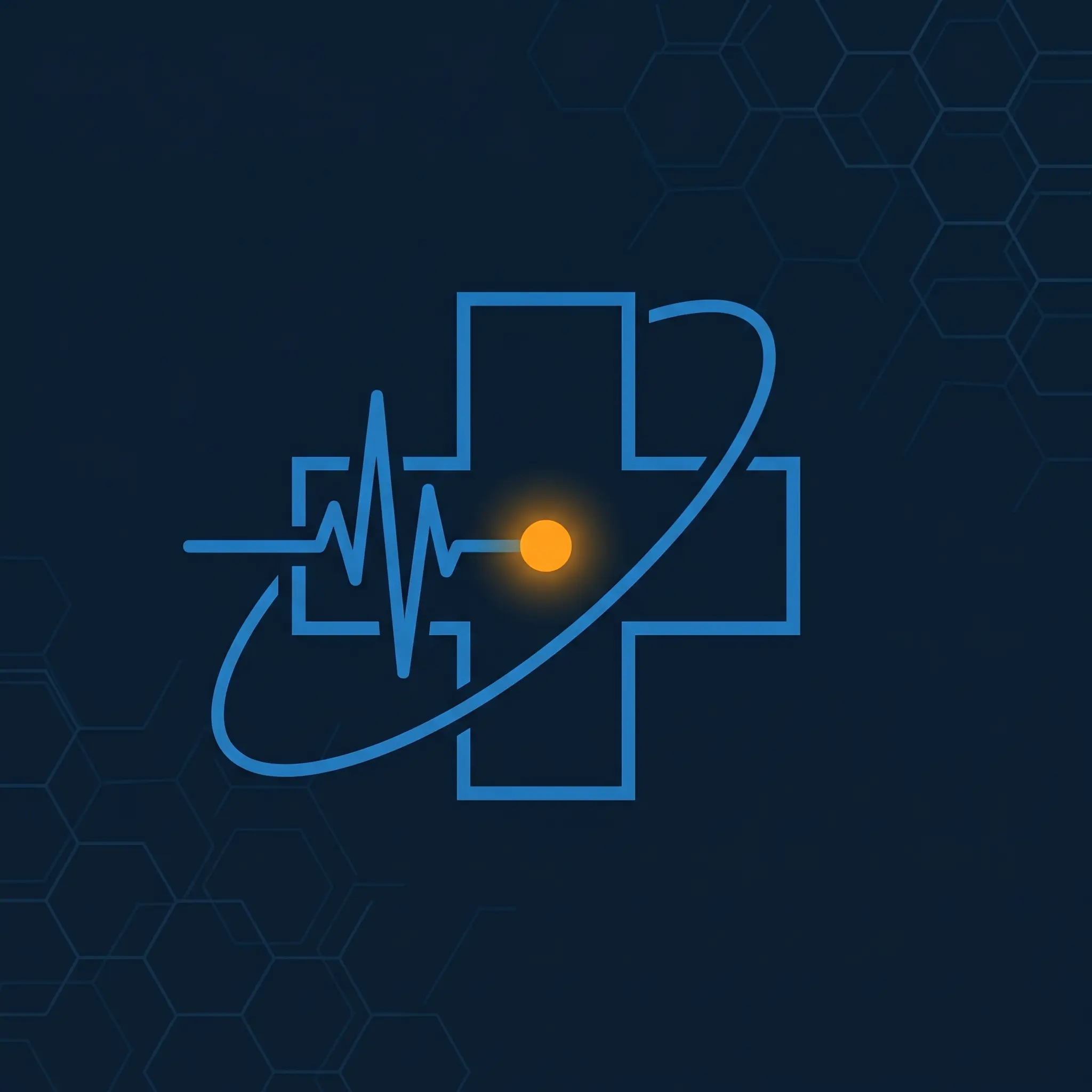 Medical cross overlaid with a heartbeat arc in electric blue and orange pulse-peak node