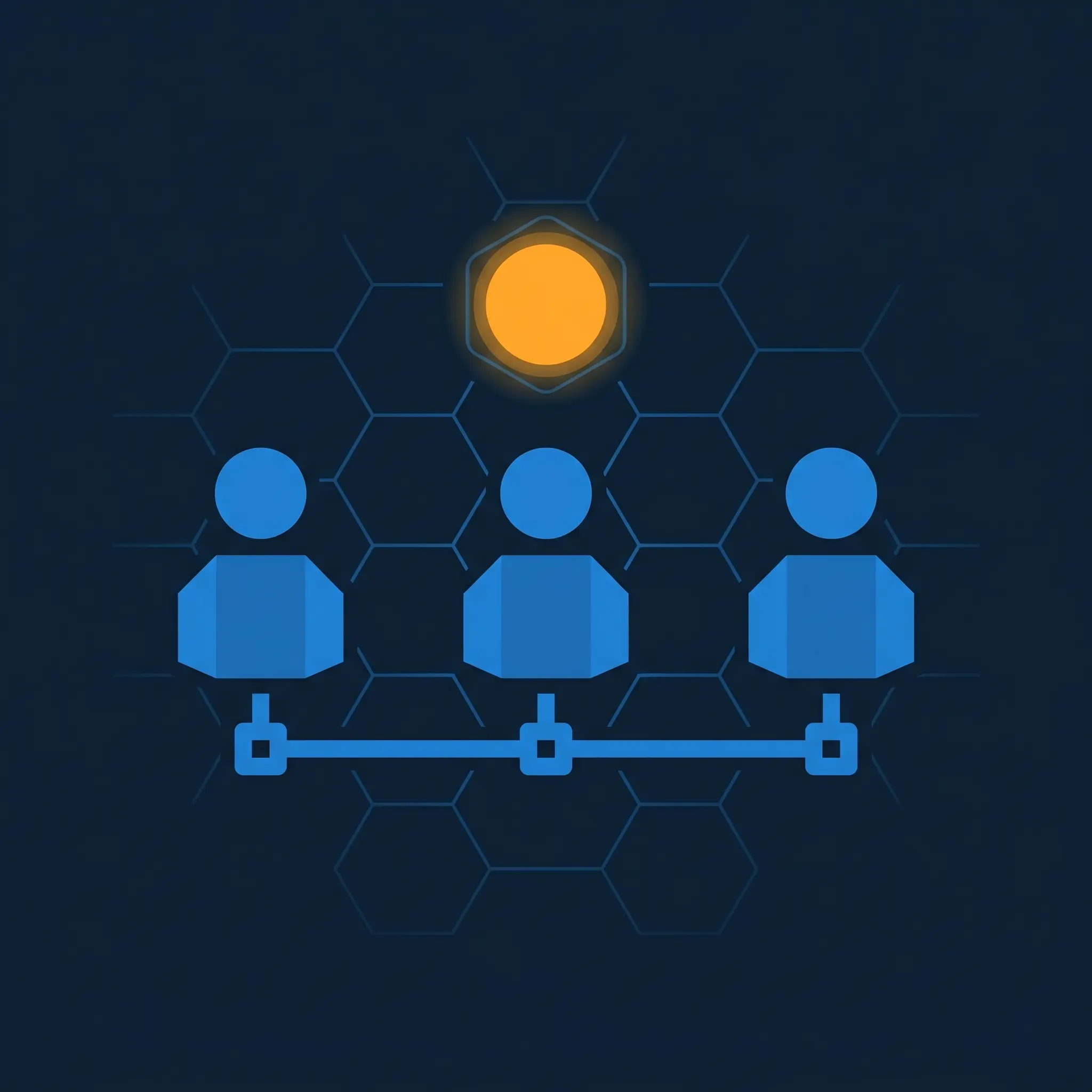 Three geometric human figure icons connected by blue lines with orange highlighted center node