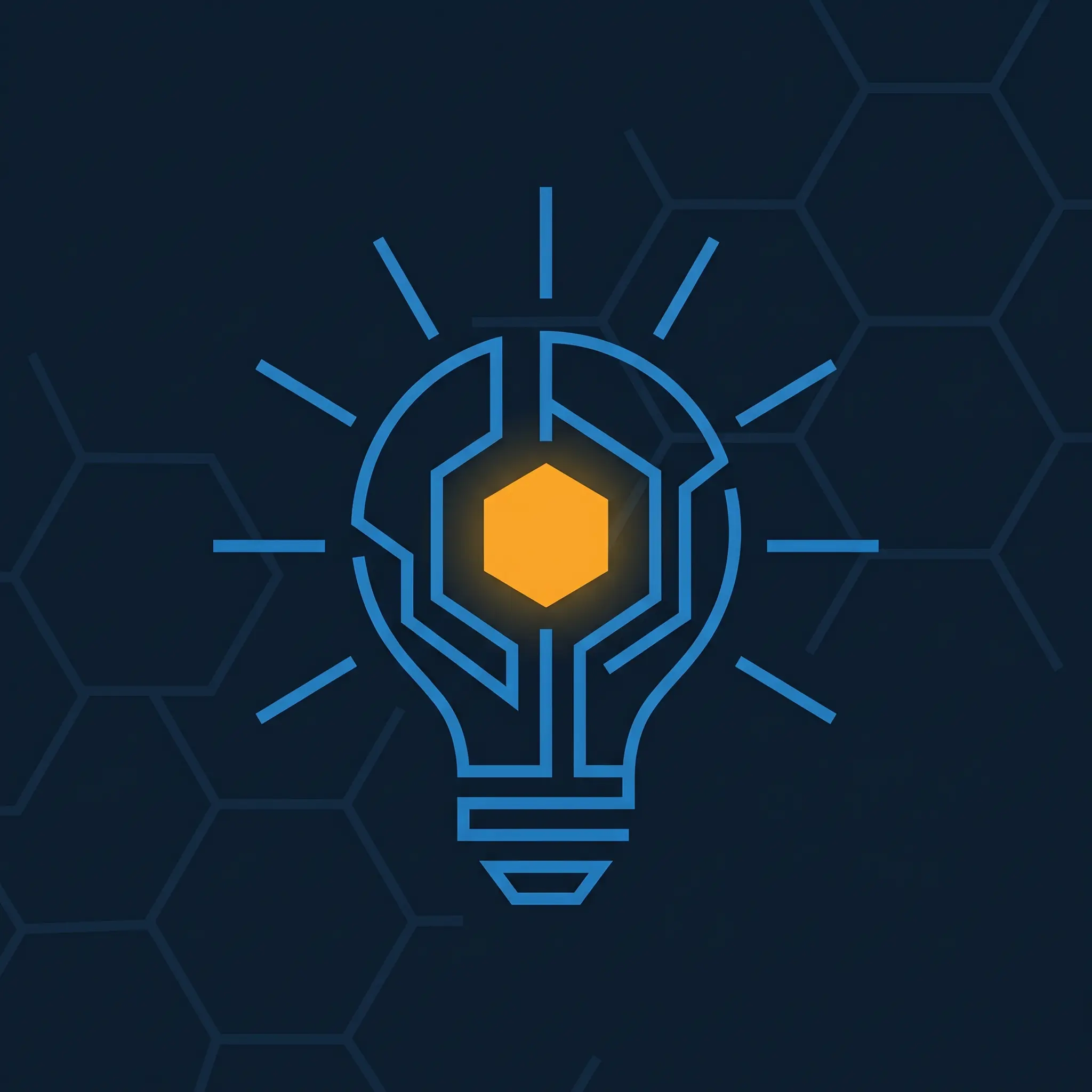 Geometric lightbulb with hexagonal filament and eight electric blue rays with orange glow node.
