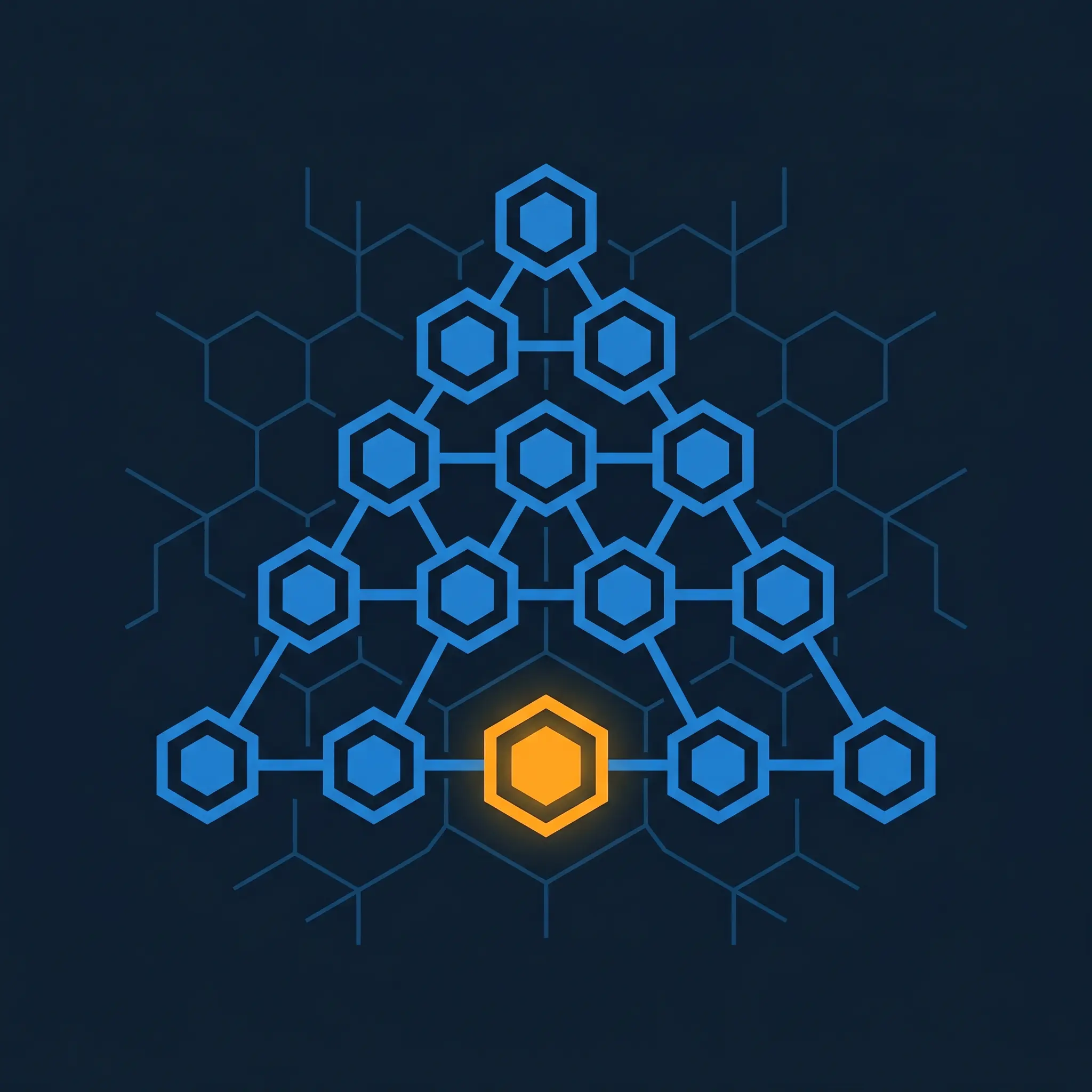 Three stacked horizontal layer bars in blue hexagonal nodes representing large language model architecture