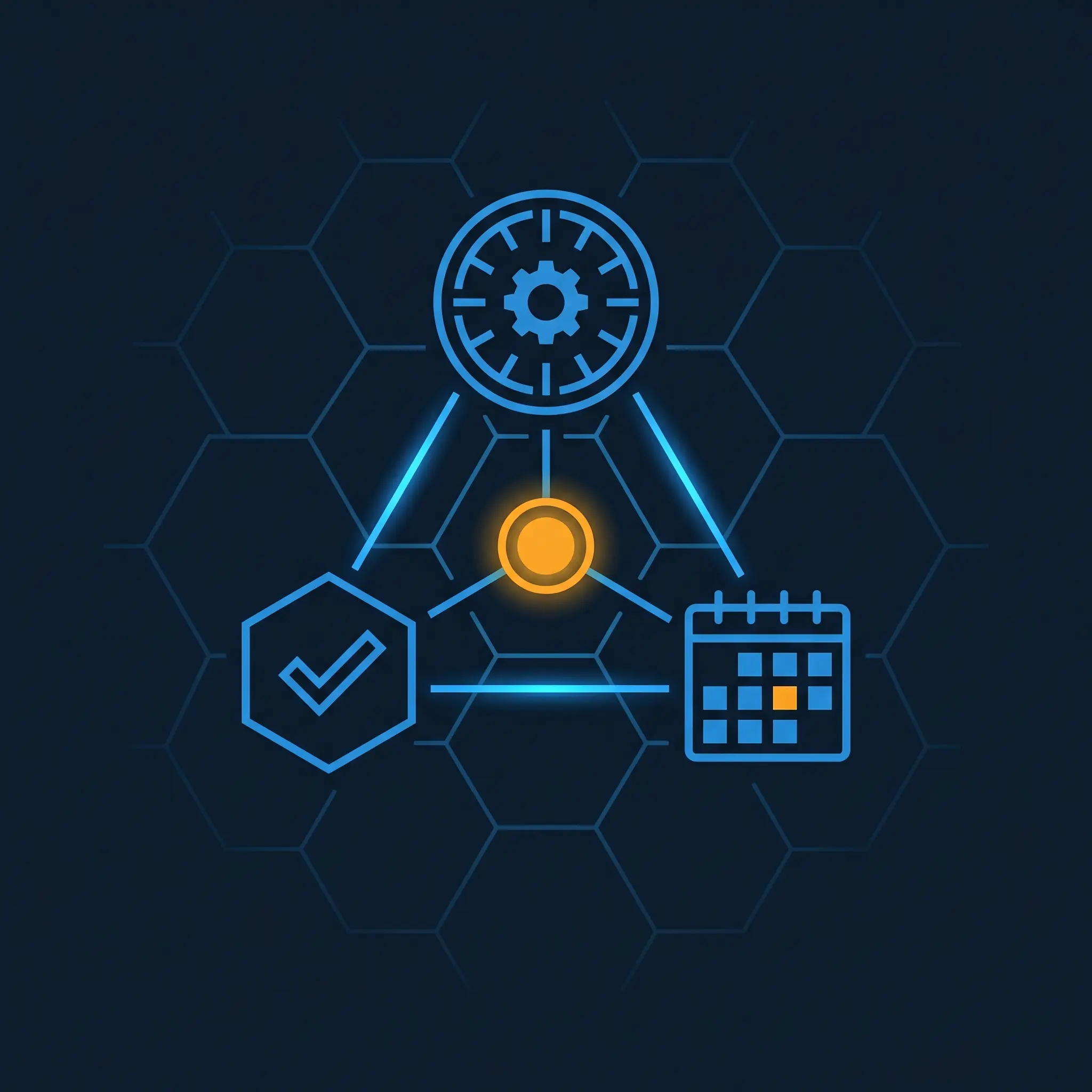 Clock, checkmark, and calendar icons clustered in electric blue with orange priority node