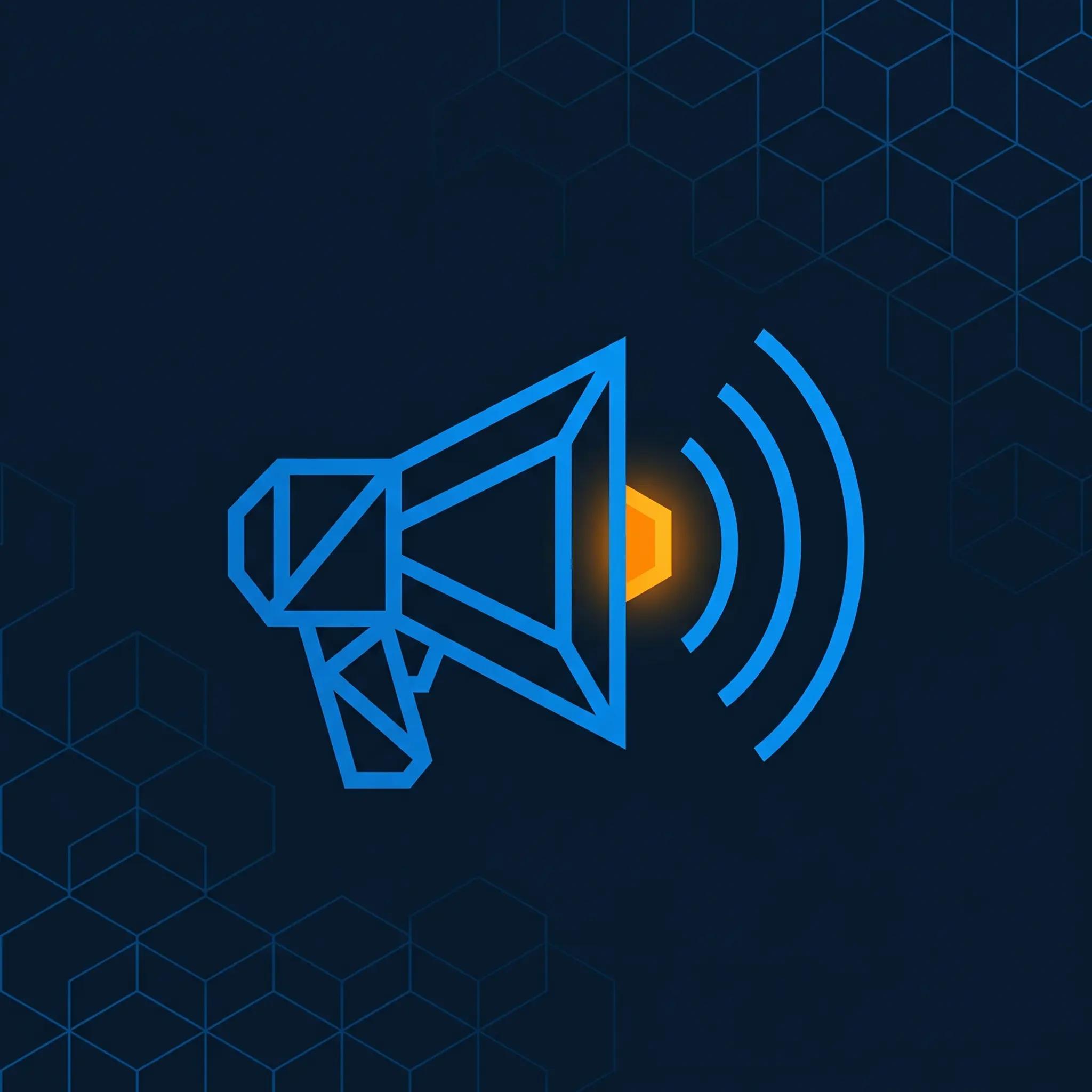 Geometric megaphone with three signal arc lines in electric blue and orange broadcast node
