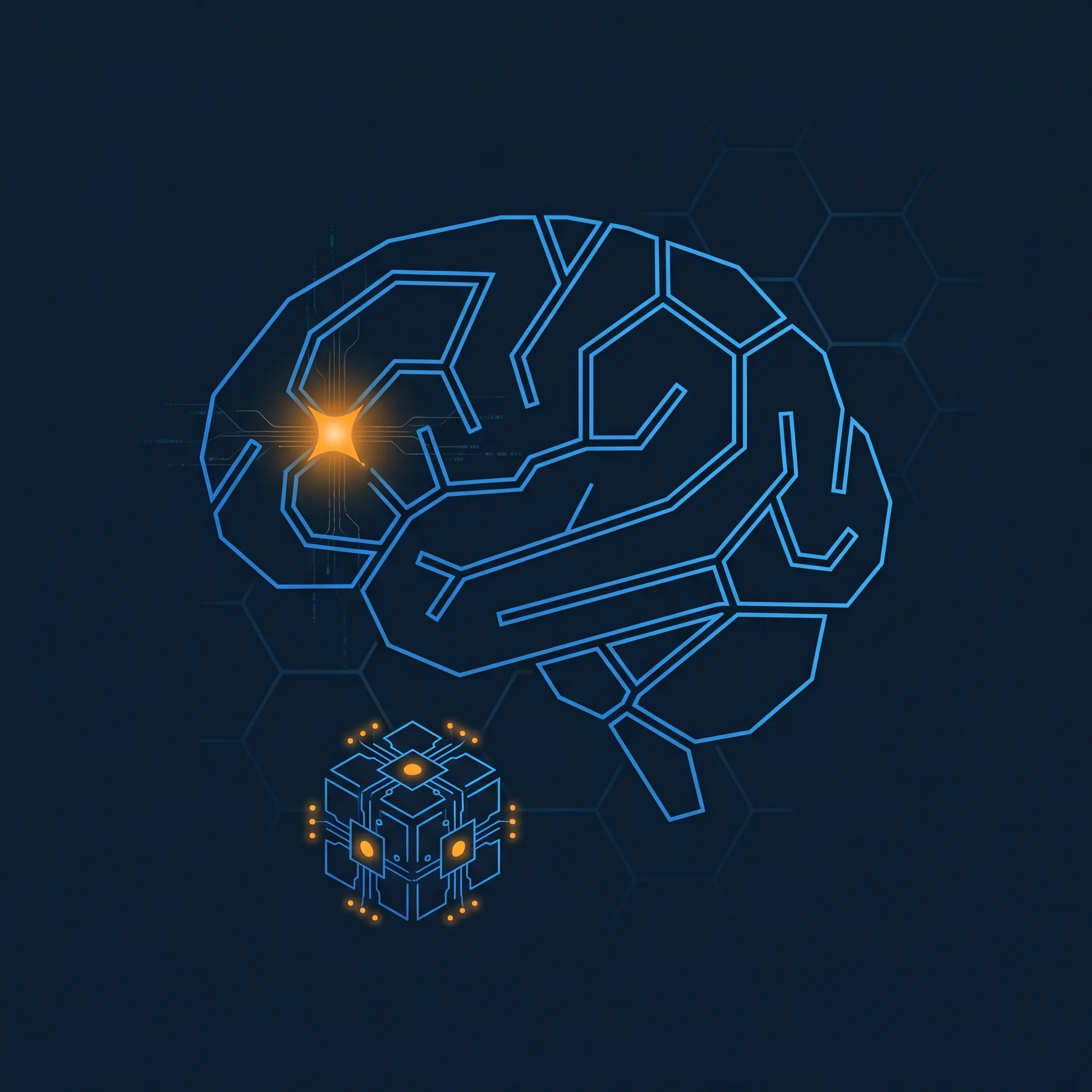 Brain outline divided into hexagonal memory cell segments with orange recall node at center