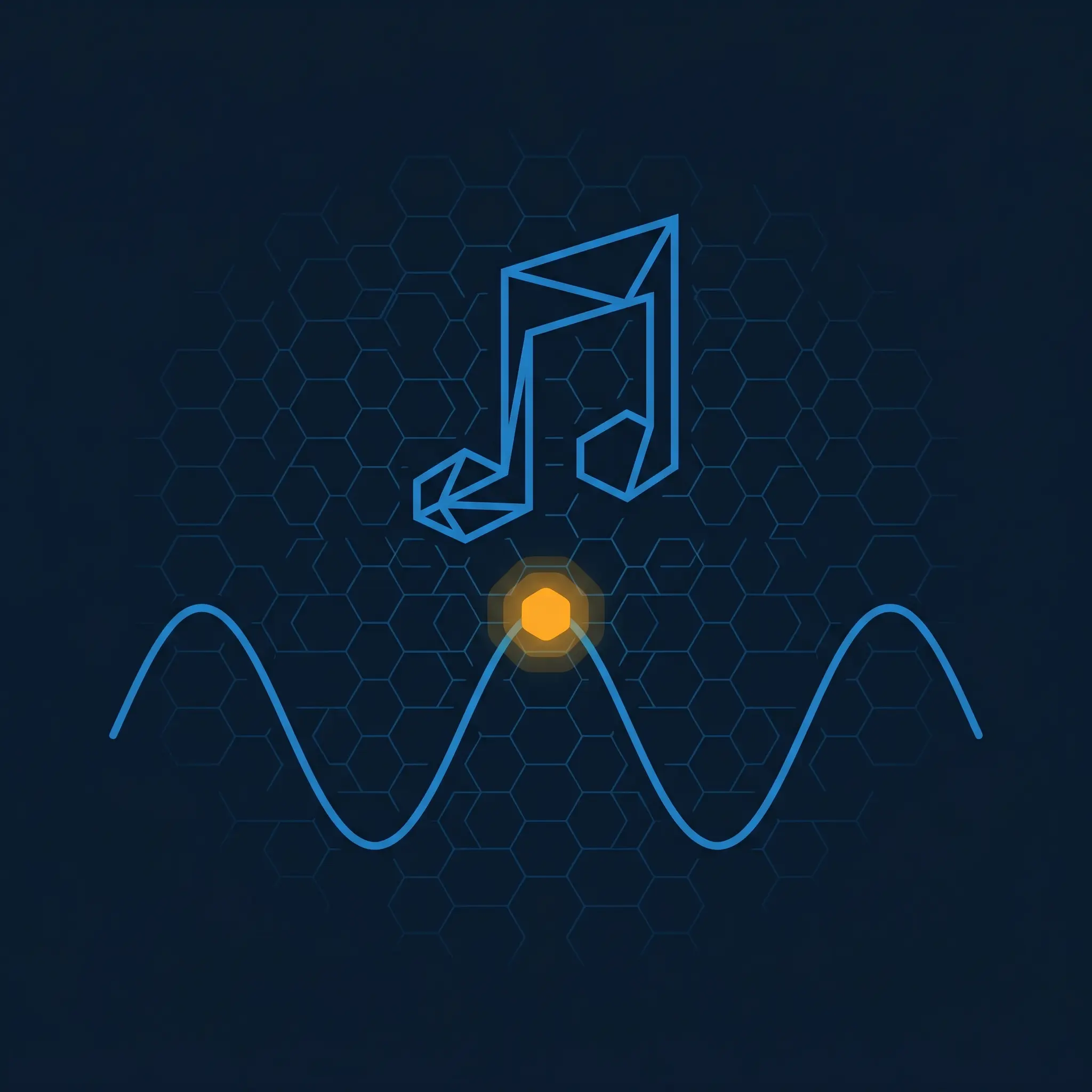 Geometric musical note and sine wave arc in electric blue with orange beat-peak node