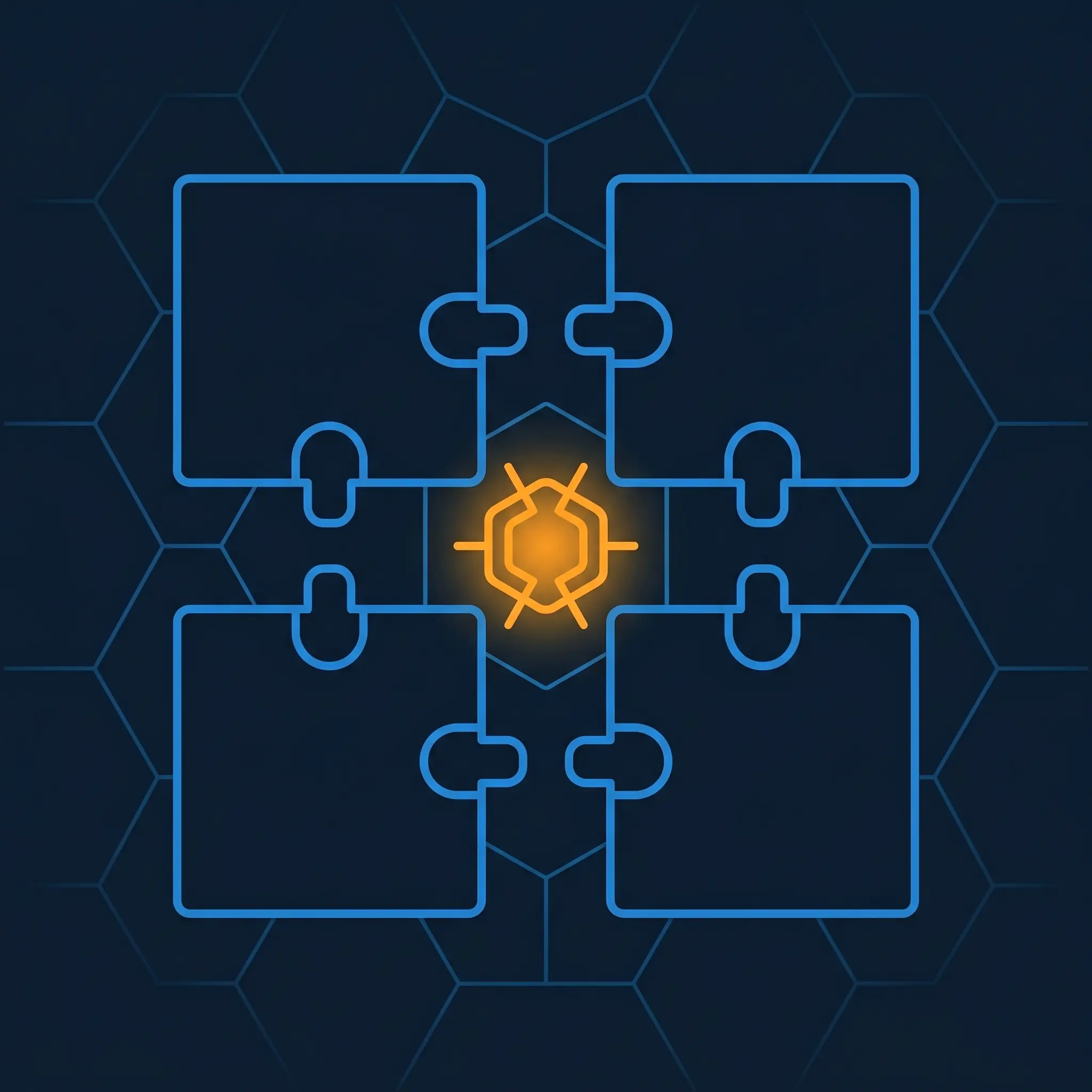 Four geometric blocks snapping together with blue connector sockets and glowing orange node