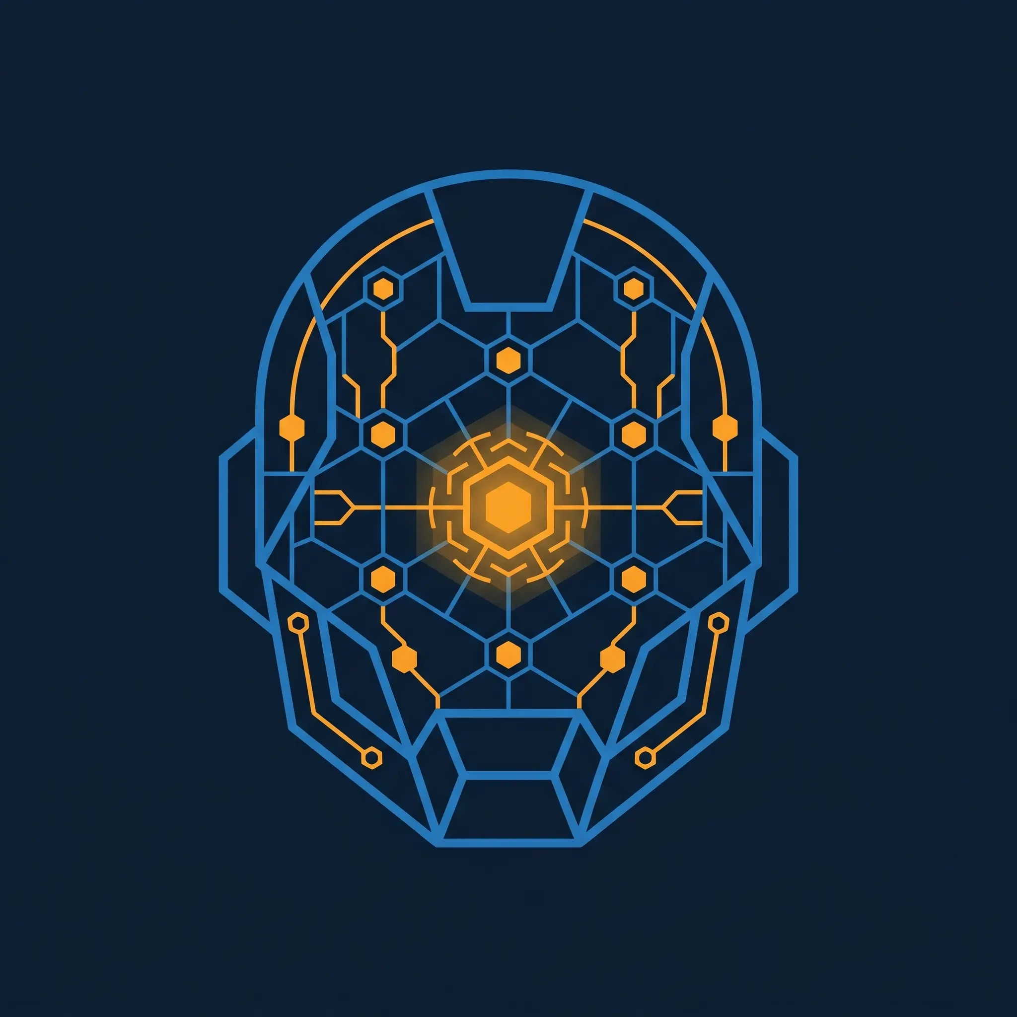 Geometric robot head with hexagonal neural grid in electric blue and orange intelligence node