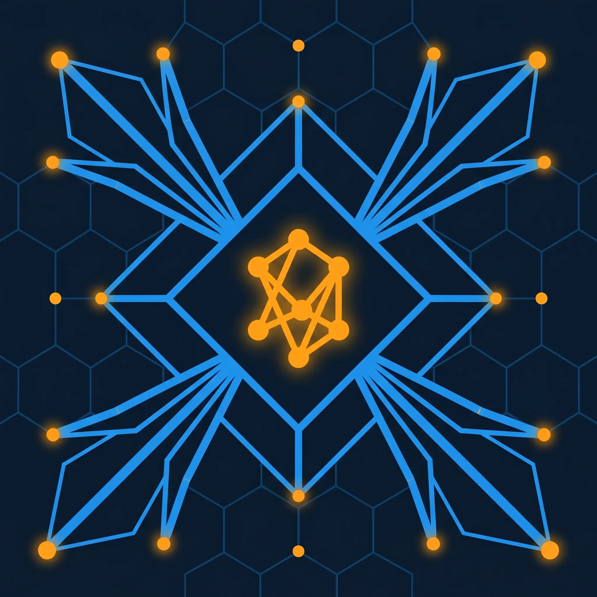 Geometric diamond with four refraction rays in electric blue and orange premium insight node.