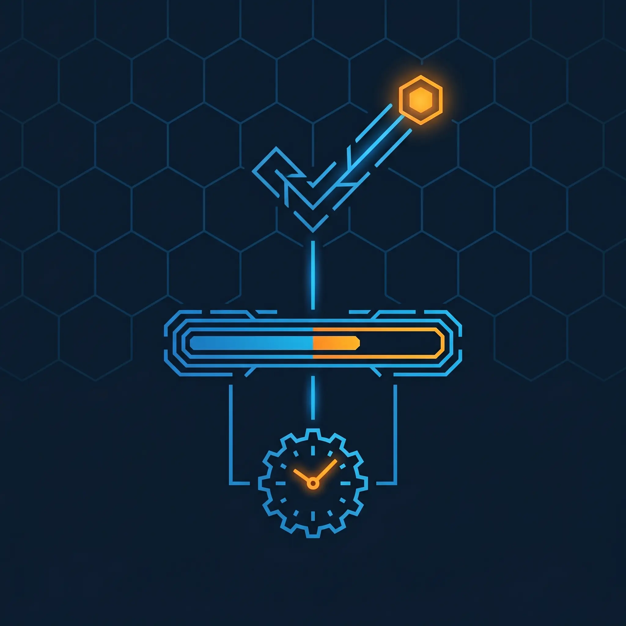 Checkmark, progress bar, and clock stacked in electric blue with orange completion node.