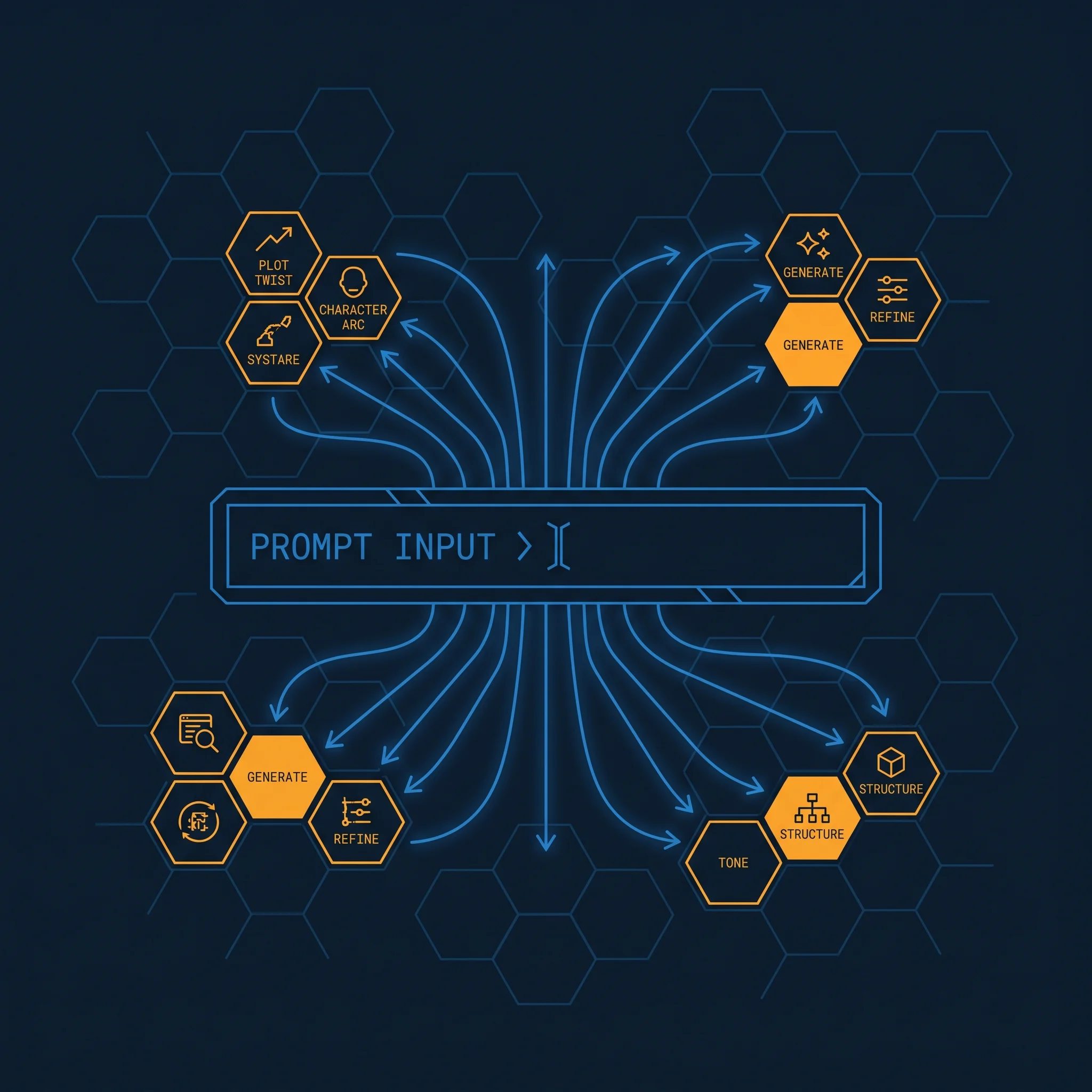 Text cursor above an input bar in electric blue with an orange suggestion node floating above