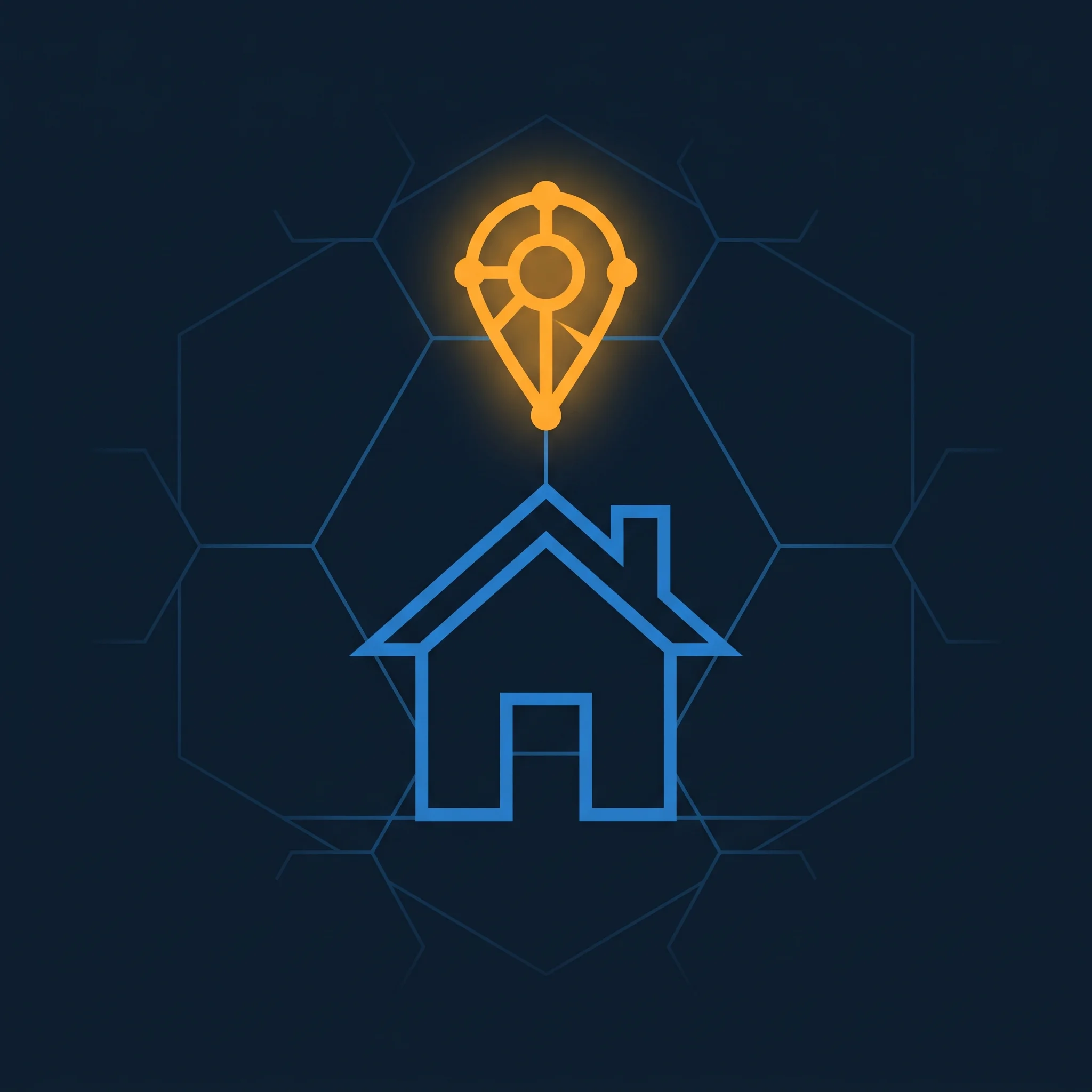 Geometric house outline with a blue frame and glowing orange location pin node above roof