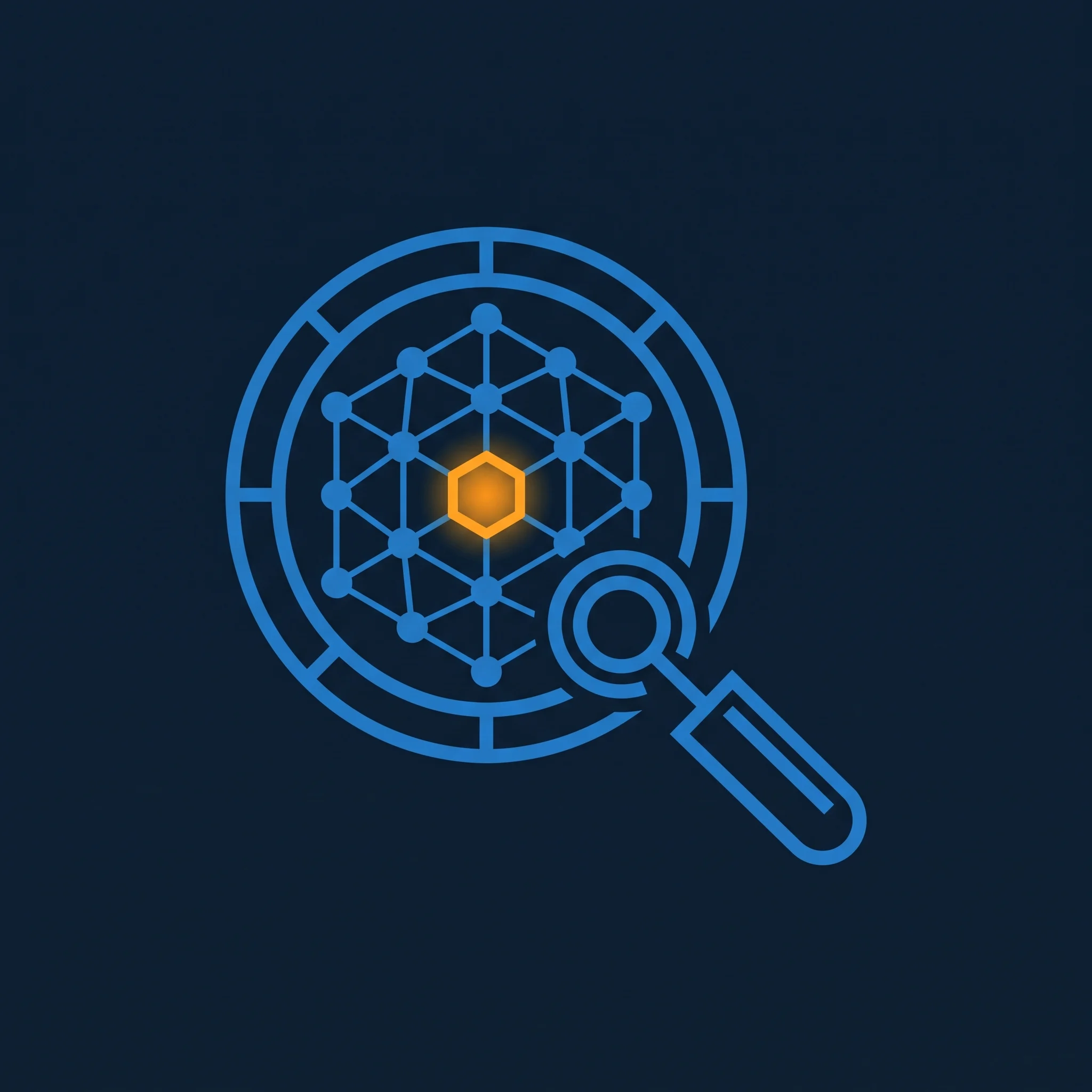 Magnifying glass with hexagonal neural web inside lens in blue and orange result node