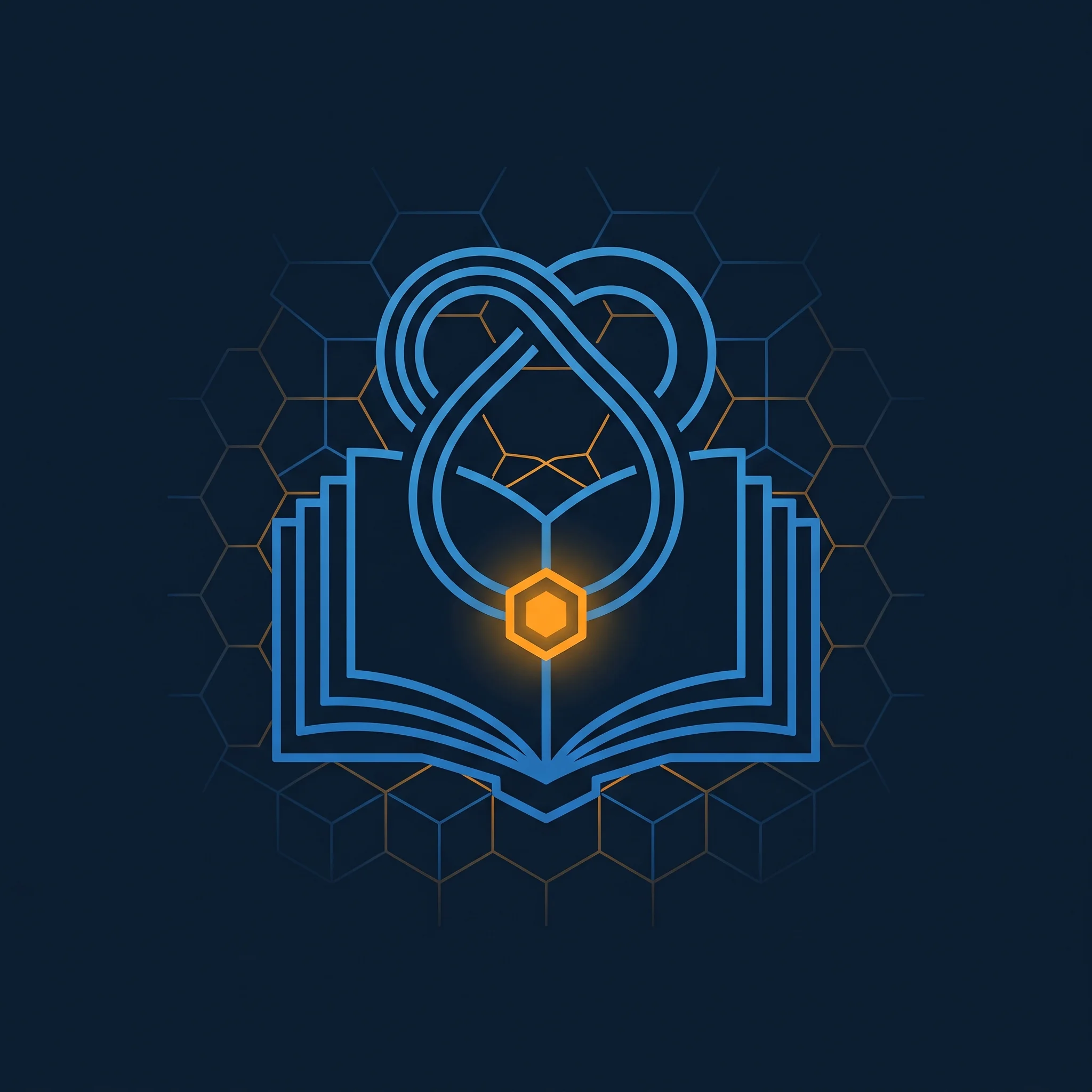Open book with two flowing arc lines rising from pages in blue and orange story-origin node