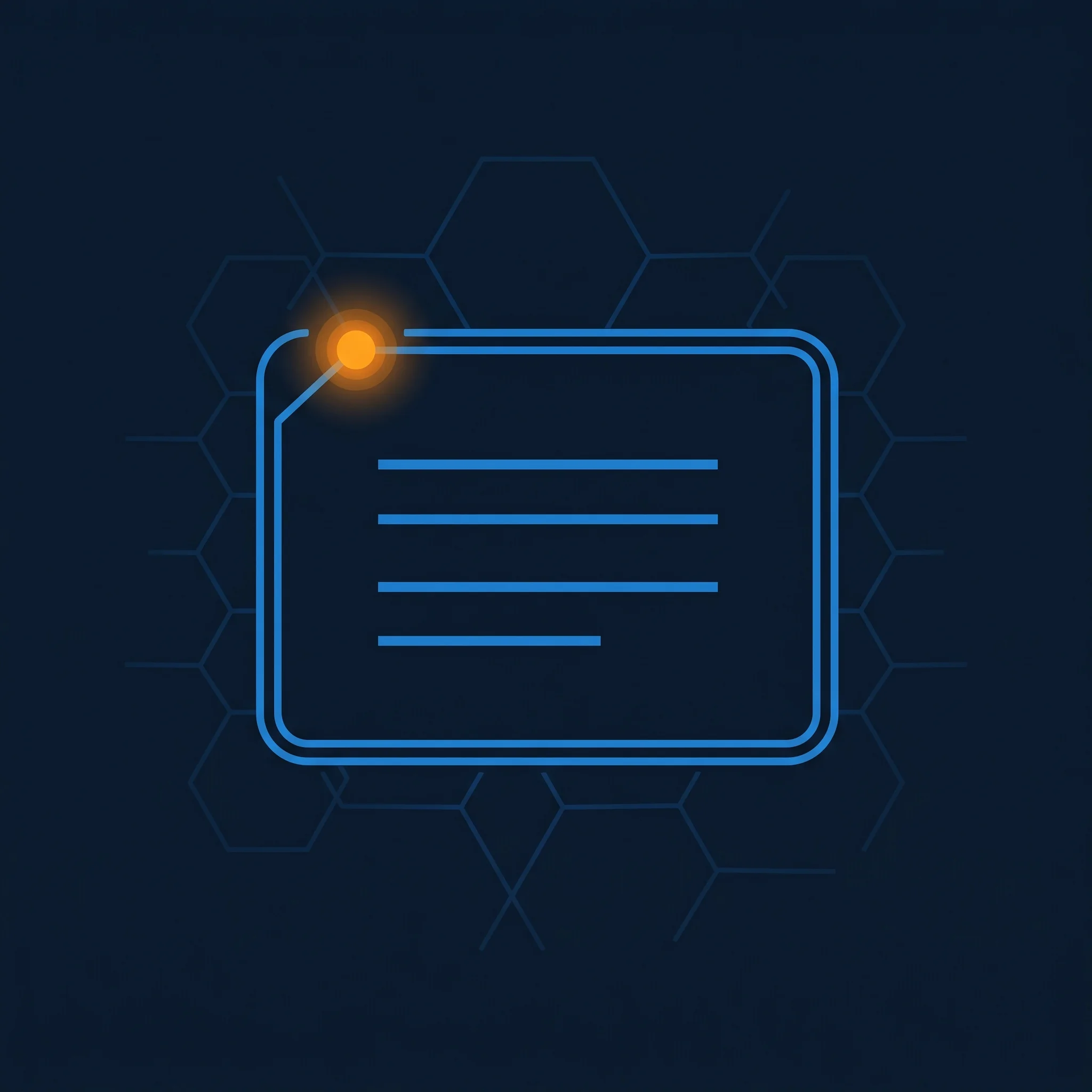 Three horizontal paragraph lines inside a rounded frame with electric blue and orange source node