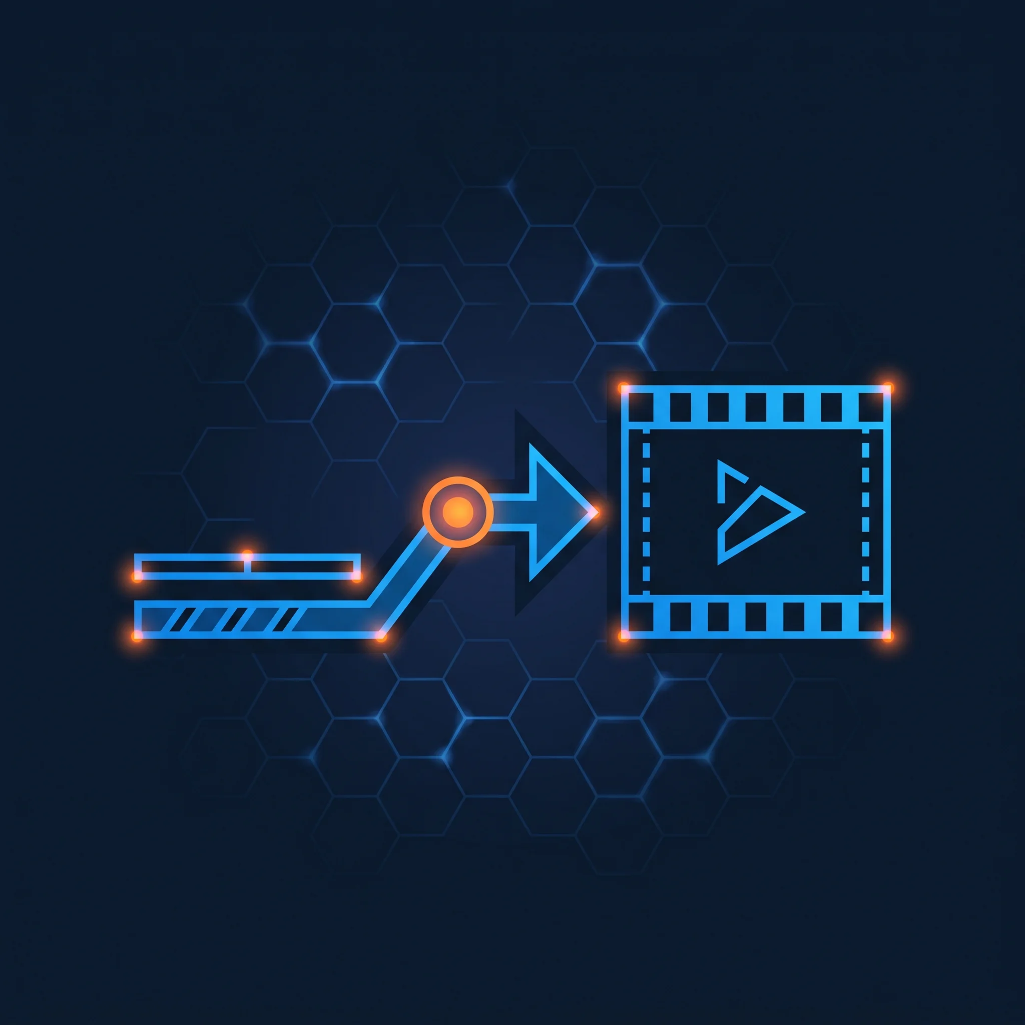 Text underline bar connected by arrow to film frame in electric blue with orange transformation node