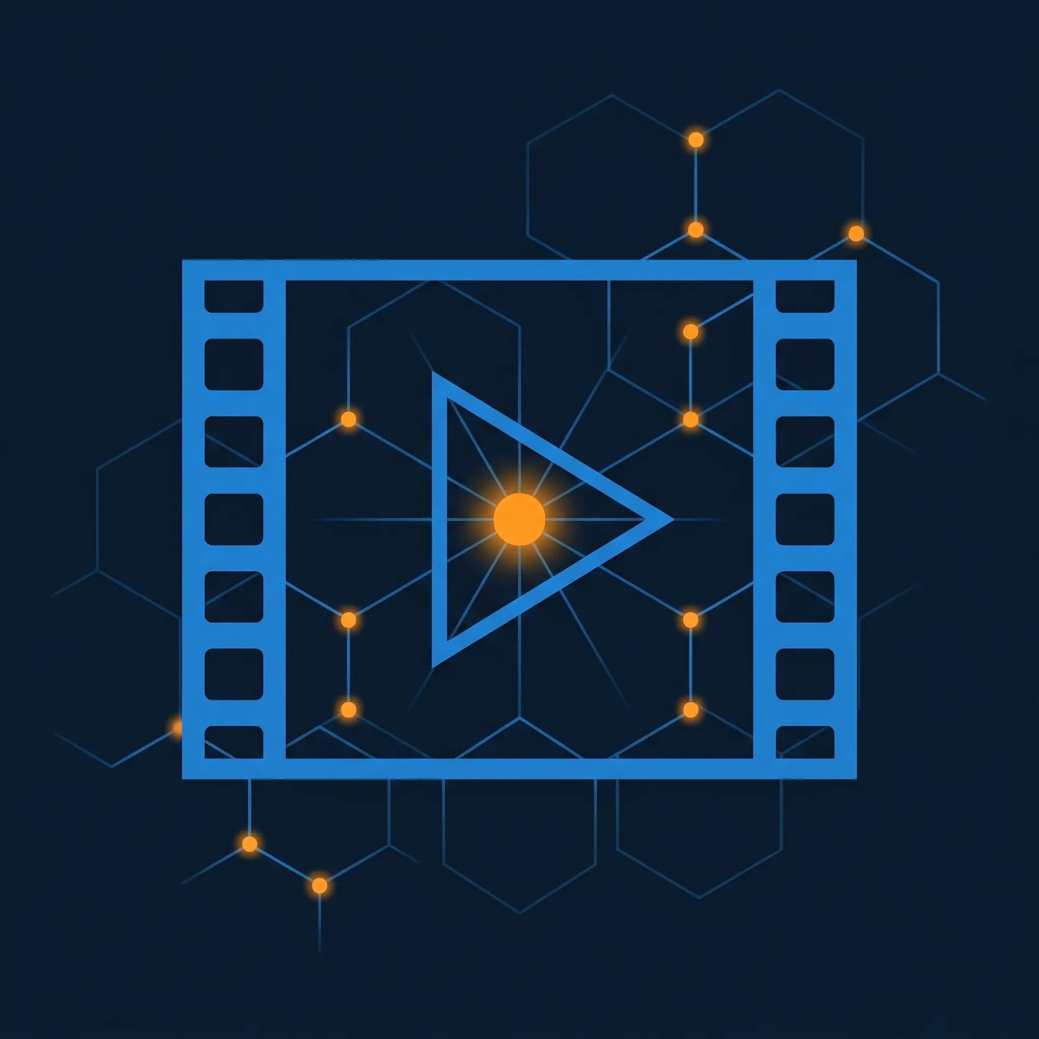 Play button triangle inside film frame rectangle in electric blue with orange trigger node.