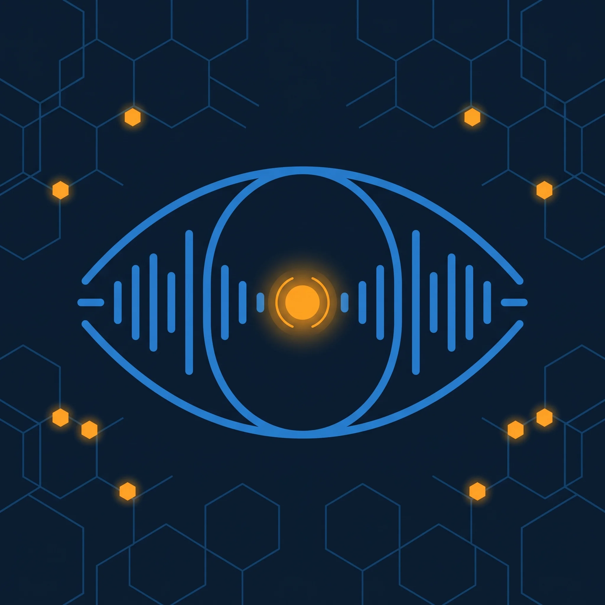 Two mirrored sound waveforms forming eye shape in electric blue with orange voice-clone node