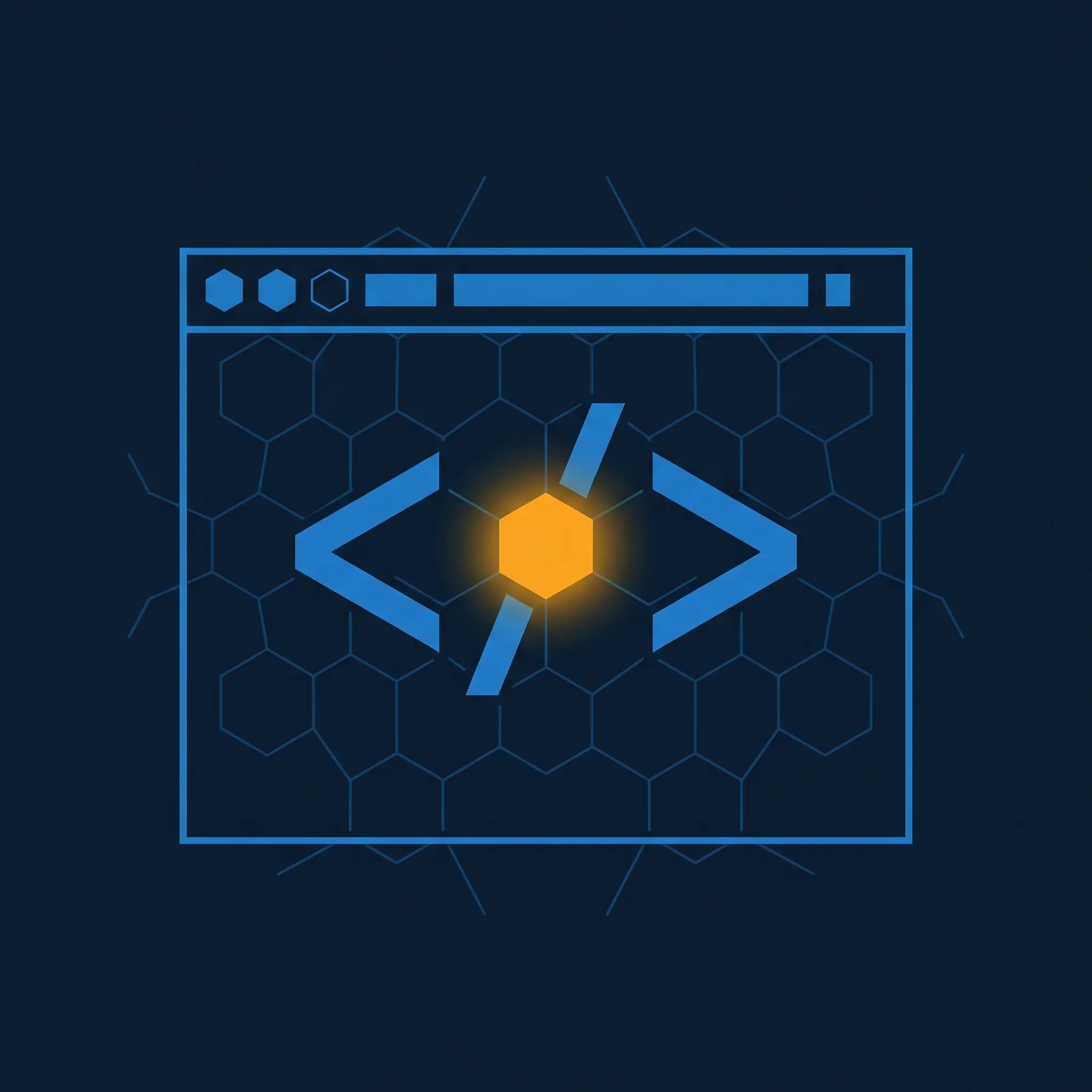 Browser window with angle brackets in electric blue and orange active code node at center.