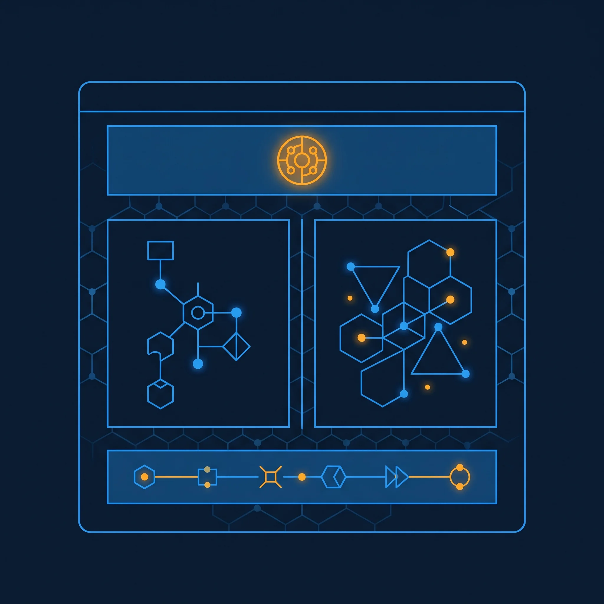 Webpage layout wireframe with header, columns, and footer in blue and orange design node